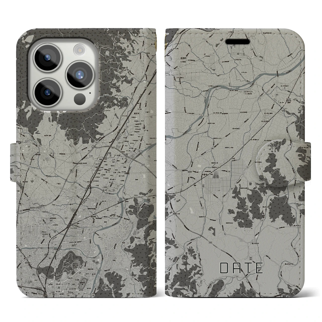 【伊達(福島県)】地図柄iPhoneケース(手帳タイプ)モノトーン・iPhone 15 Pro 用