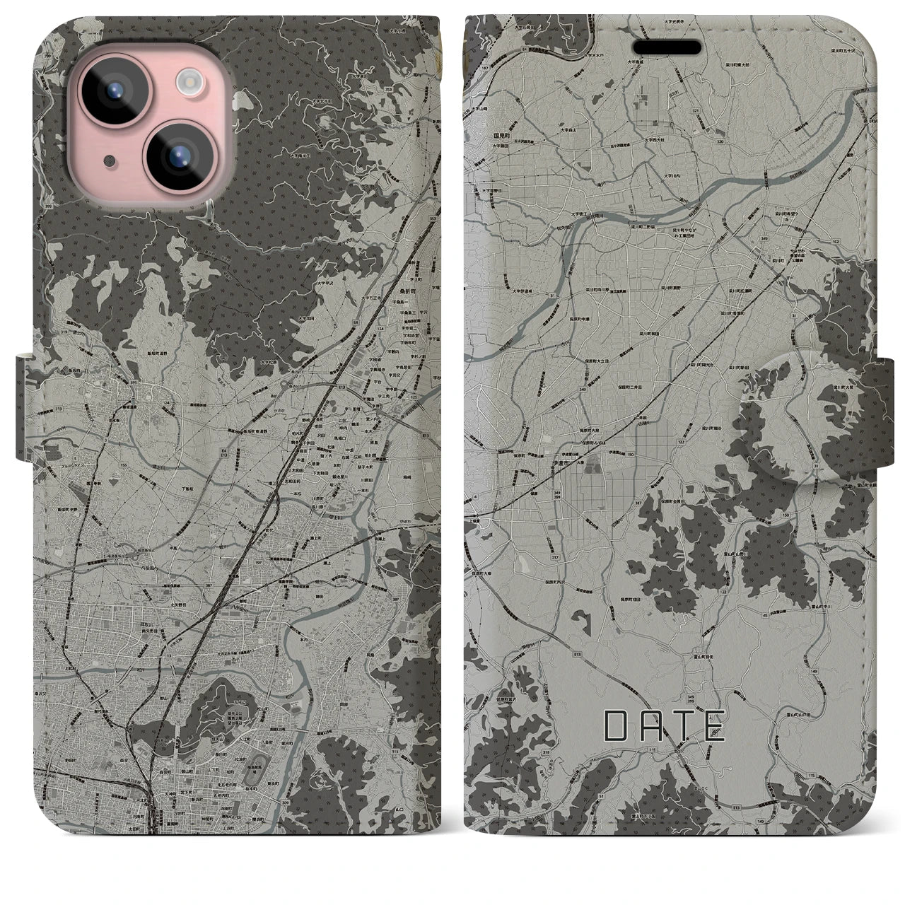 【伊達(福島県)】地図柄iPhoneケース(手帳タイプ)モノトーン・iPhone 15 Plus 用