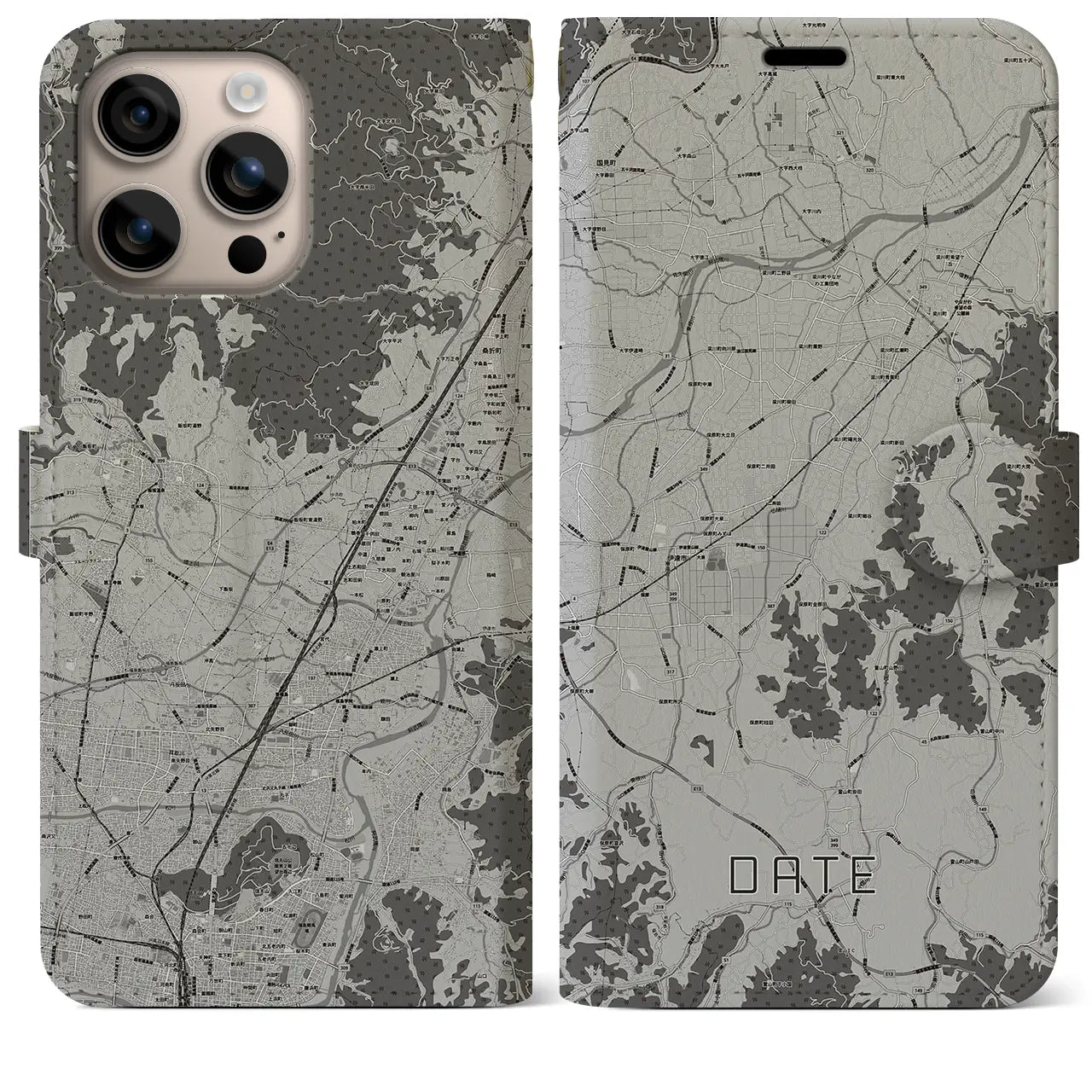 【伊達(福島県)】地図柄iPhoneケース(手帳タイプ)モノトーン・iPhone 16 Plus 用