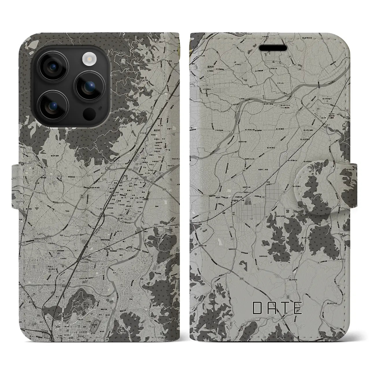 【伊達(福島県)】地図柄iPhoneケース(手帳タイプ)モノトーン・iPhone 16 用