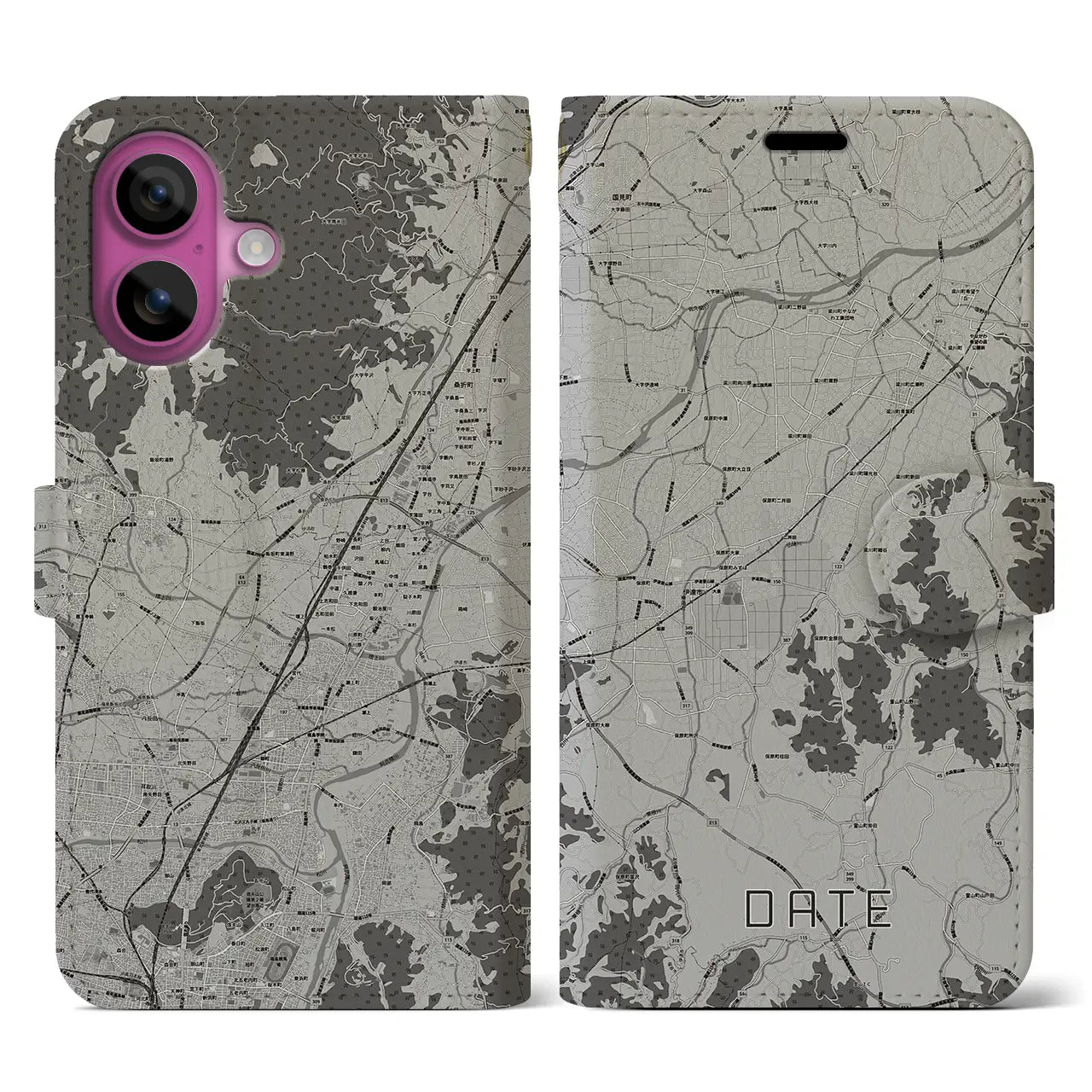 【伊達(福島県)】地図柄iPhoneケース(手帳タイプ)モノトーン・iPhone 16 Pro 用