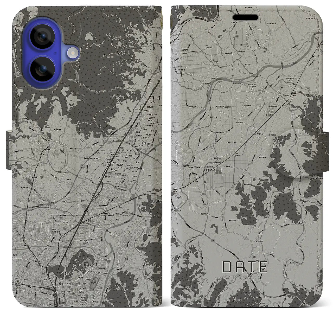 【伊達(福島県)】地図柄iPhoneケース(手帳タイプ)モノトーン・iPhone 16 Pro Max 用