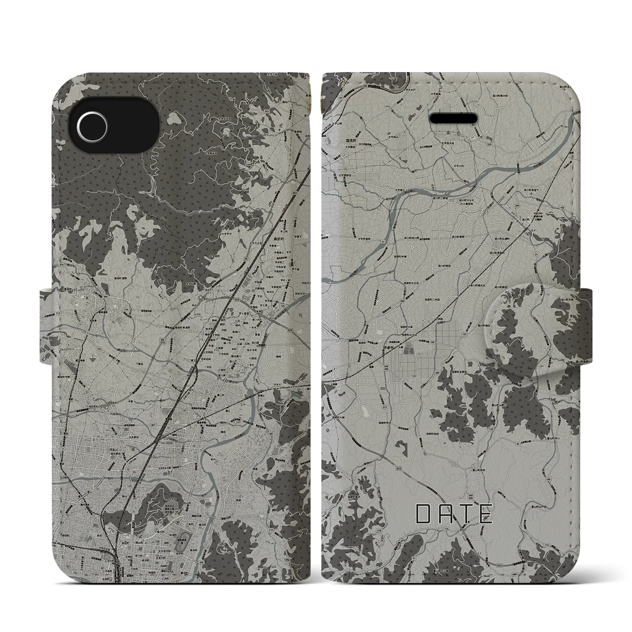 【伊達(福島県)】地図柄iPhoneケース(手帳タイプ)モノトーン・iPhone SE(第3 / 第2世代) / 8 / 7 / 6s / 6 用