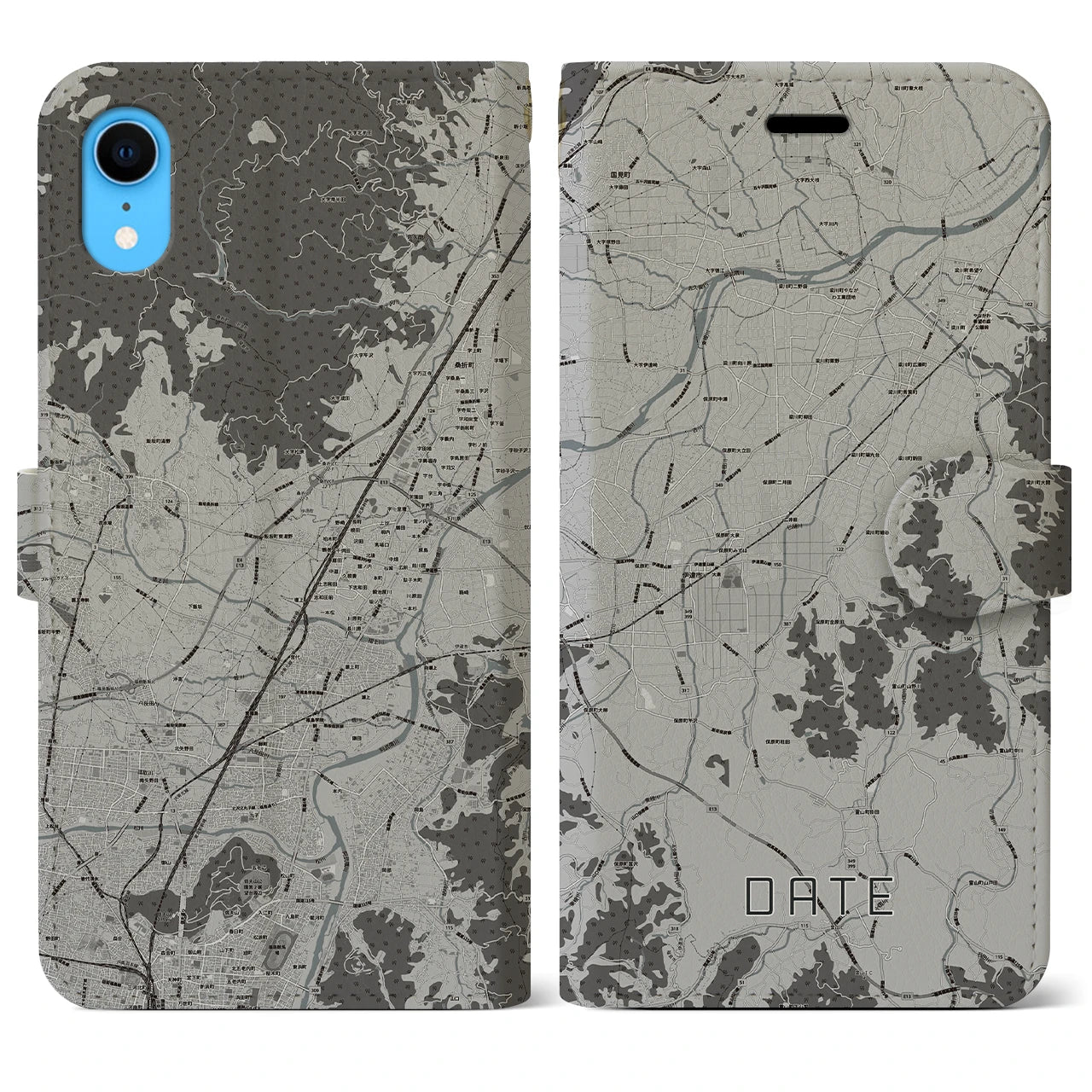 【伊達(福島県)】地図柄iPhoneケース(手帳タイプ)モノトーン・iPhone XR 用