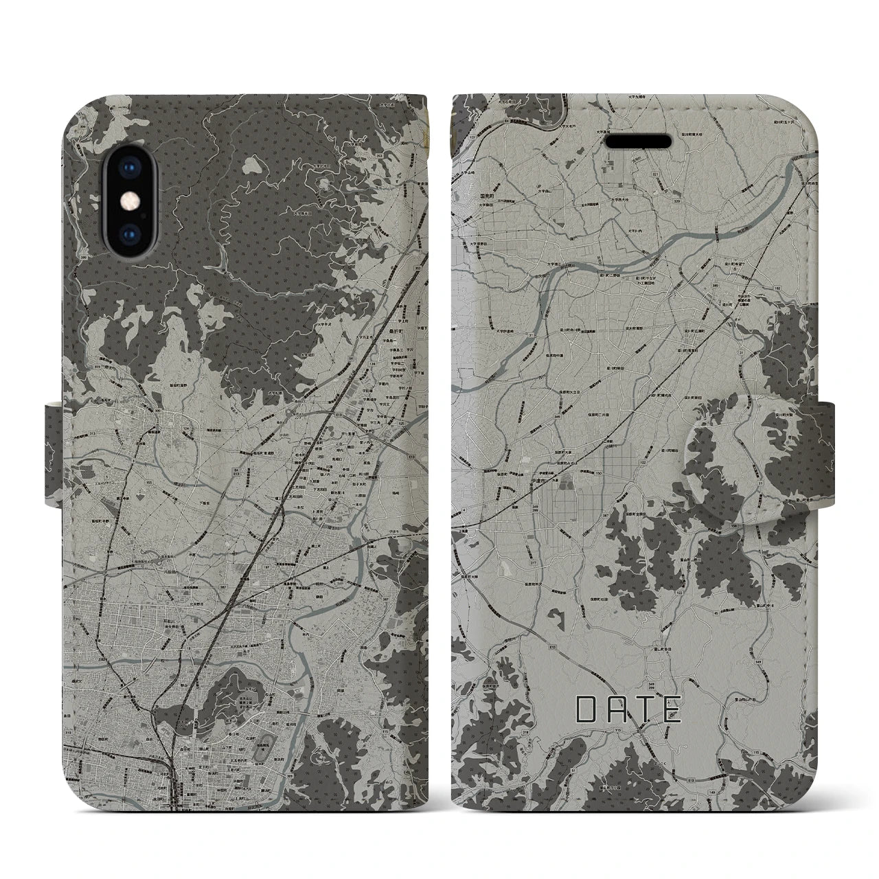 【伊達(福島県)】地図柄iPhoneケース(手帳タイプ)モノトーン・iPhone XS / X 用