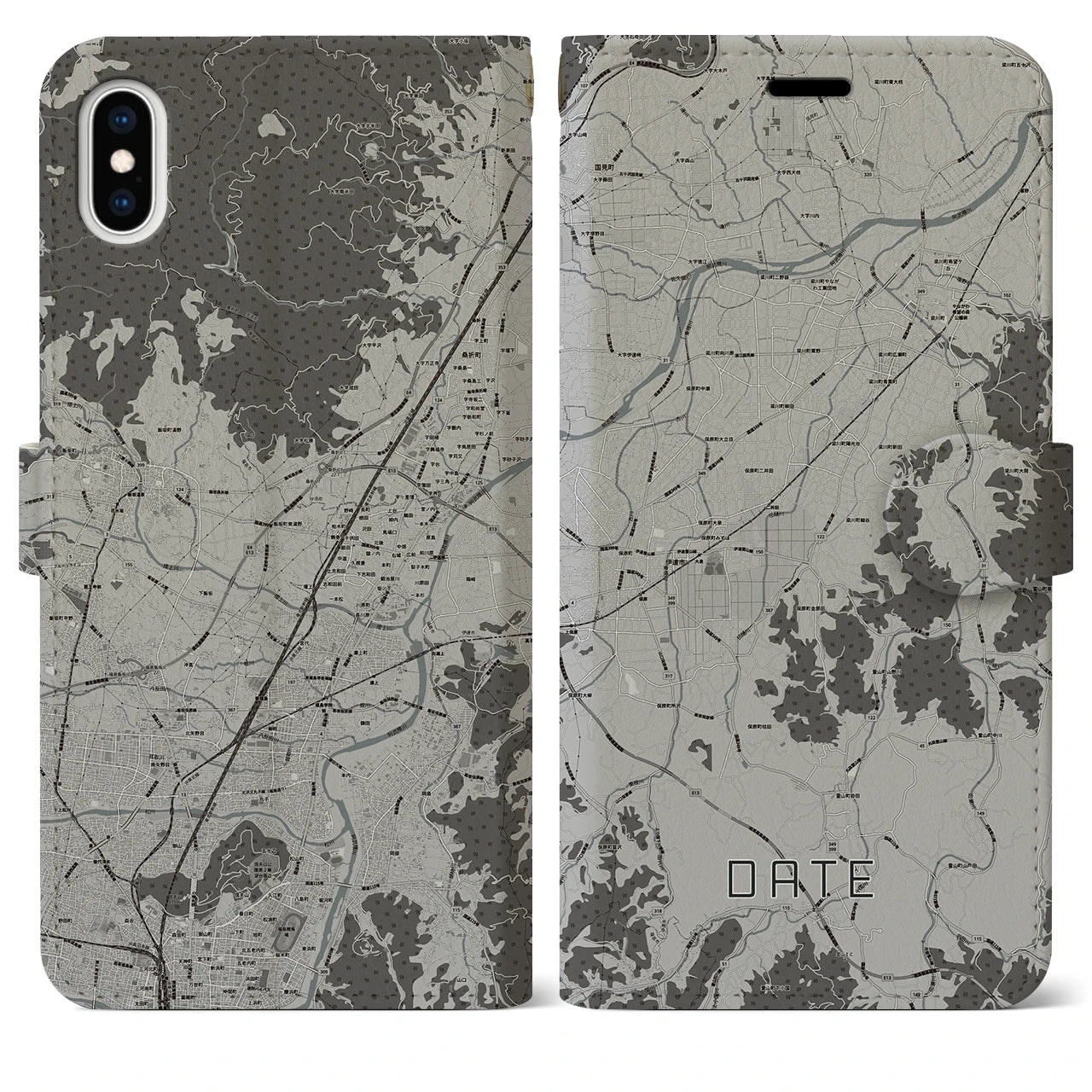 【伊達(福島県)】地図柄iPhoneケース(手帳タイプ)モノトーン・iPhone XS Max 用