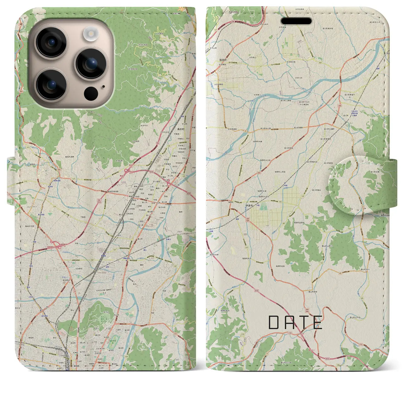 【伊達(福島県)】地図柄iPhoneケース(手帳タイプ)ナチュラル・iPhone 16 Plus 用