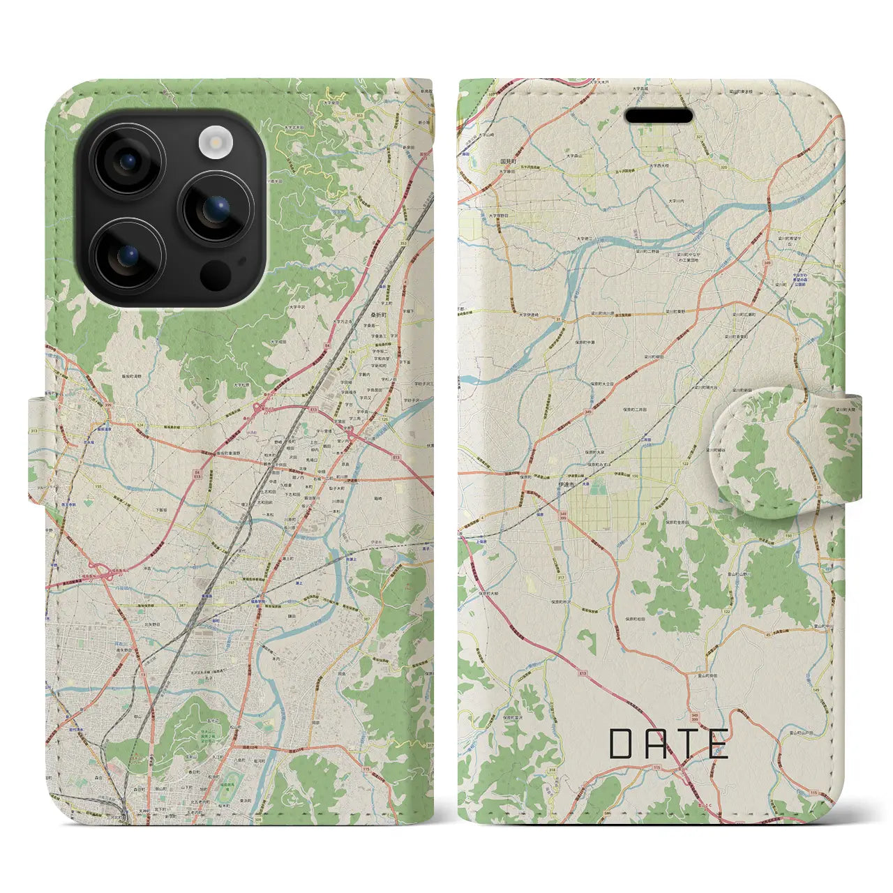 【伊達(福島県)】地図柄iPhoneケース(手帳タイプ)ナチュラル・iPhone 16 用