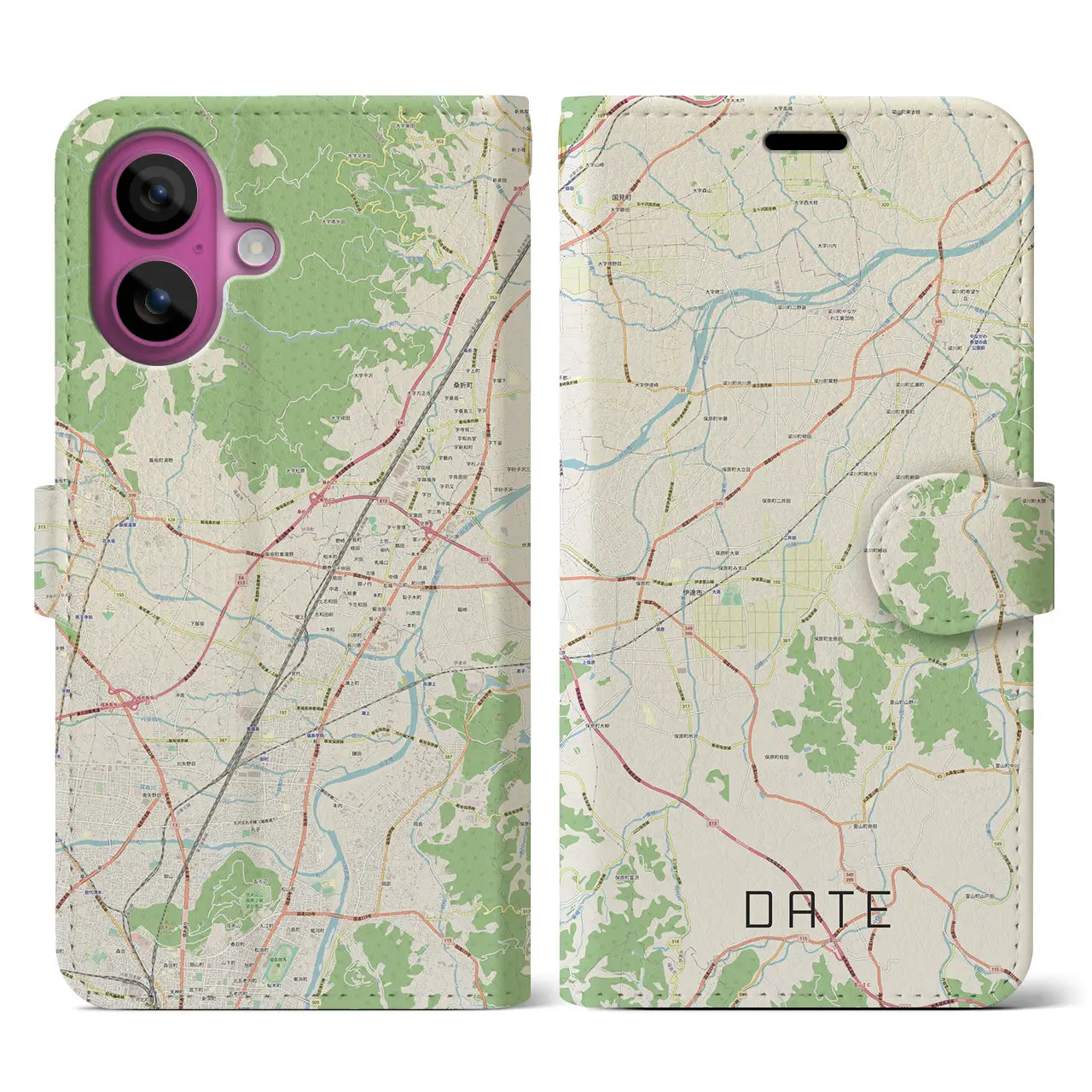 【伊達(福島県)】地図柄iPhoneケース(手帳タイプ)ナチュラル・iPhone 16 Pro 用