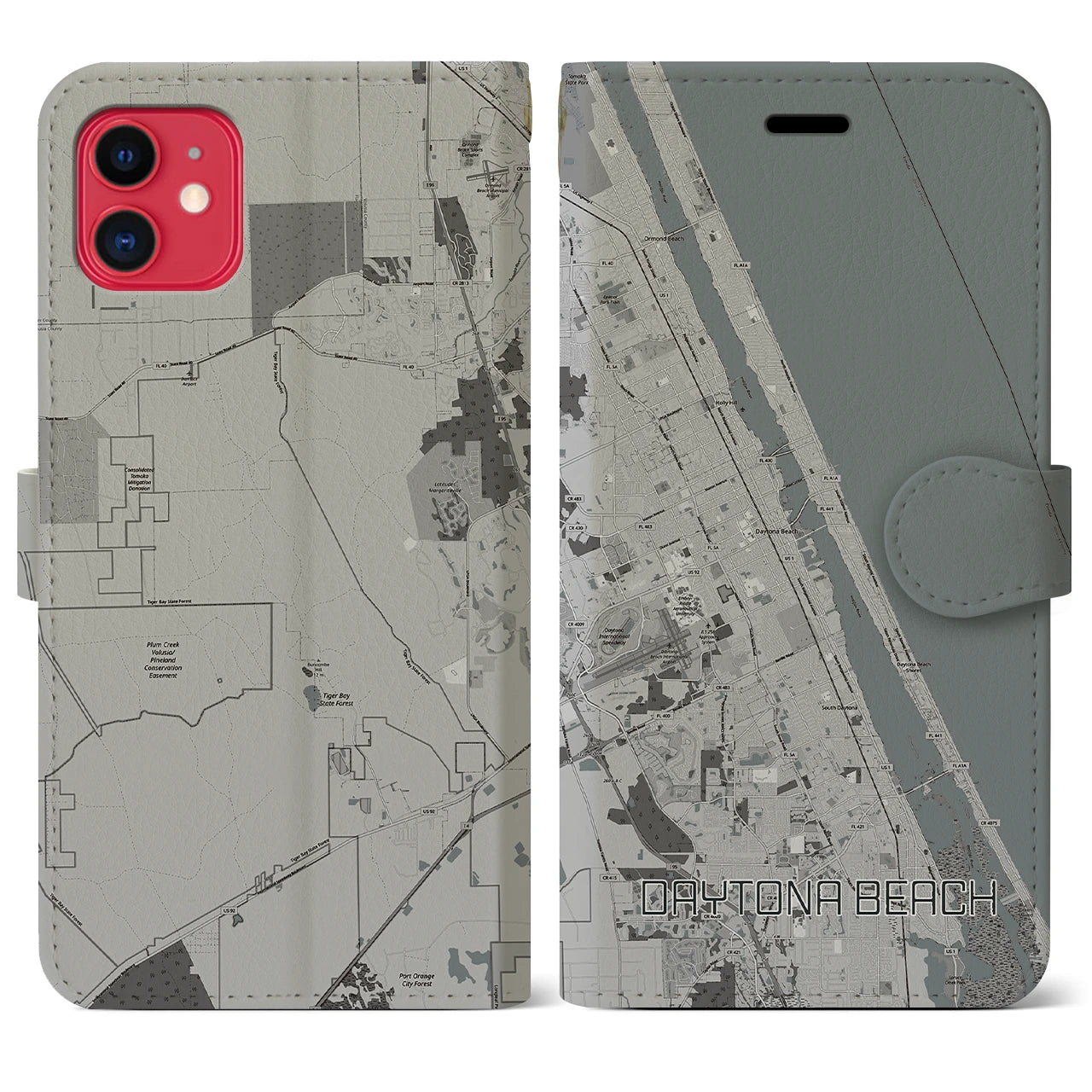 【デイトナビーチ(アメリカ)】地図柄iPhoneケース(手帳タイプ)モノトーン・iPhone 11 用