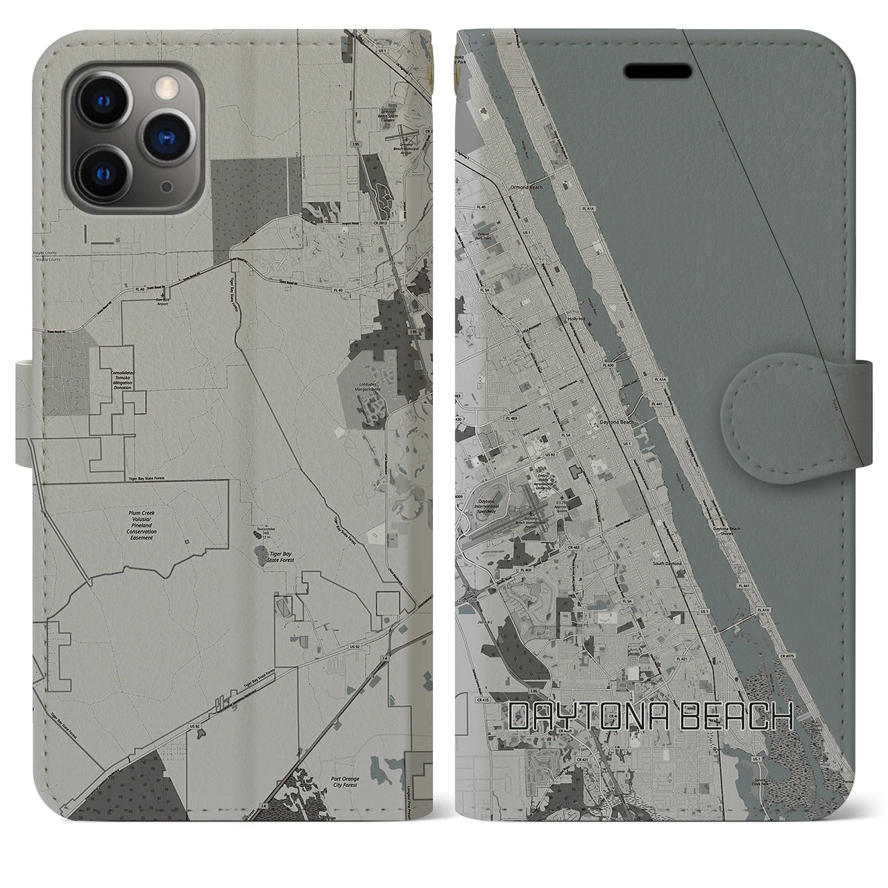 【デイトナビーチ(アメリカ)】地図柄iPhoneケース(手帳タイプ)モノトーン・iPhone 11 Pro Max 用