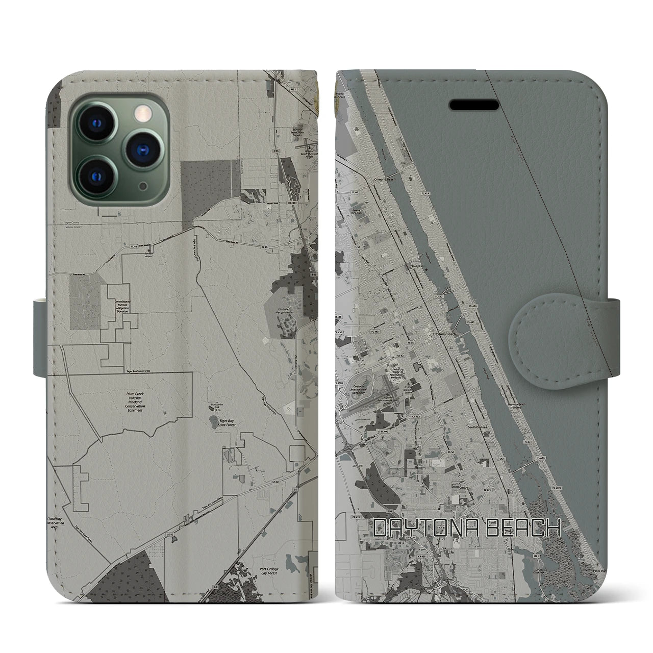 【デイトナビーチ(アメリカ)】地図柄iPhoneケース(手帳タイプ)モノトーン・iPhone 11 Pro 用
