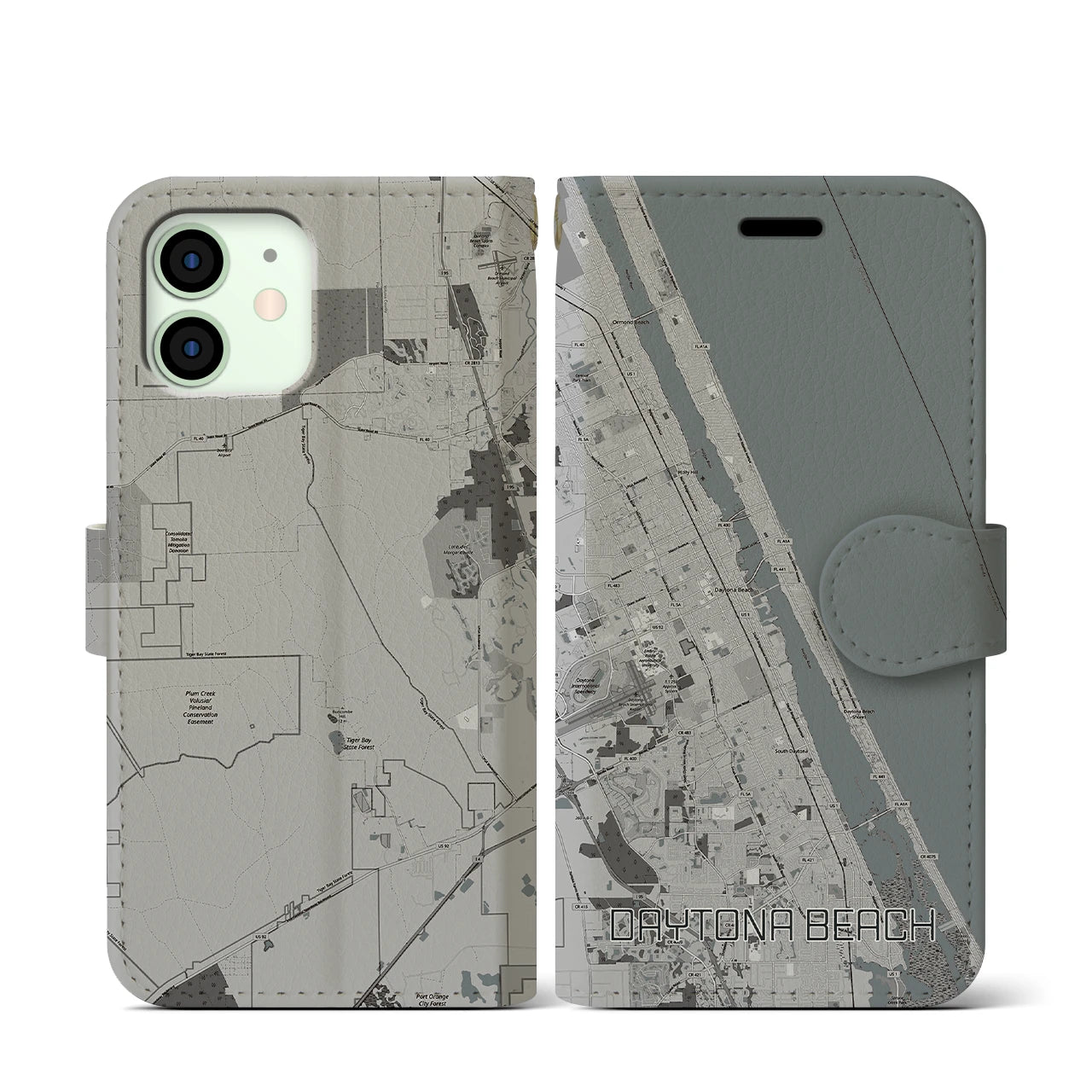 【デイトナビーチ(アメリカ)】地図柄iPhoneケース(手帳タイプ)モノトーン・iPhone 12 mini 用