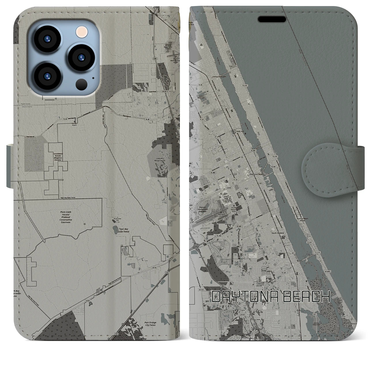 【デイトナビーチ(アメリカ)】地図柄iPhoneケース(手帳タイプ)モノトーン・iPhone 13 Pro Max 用