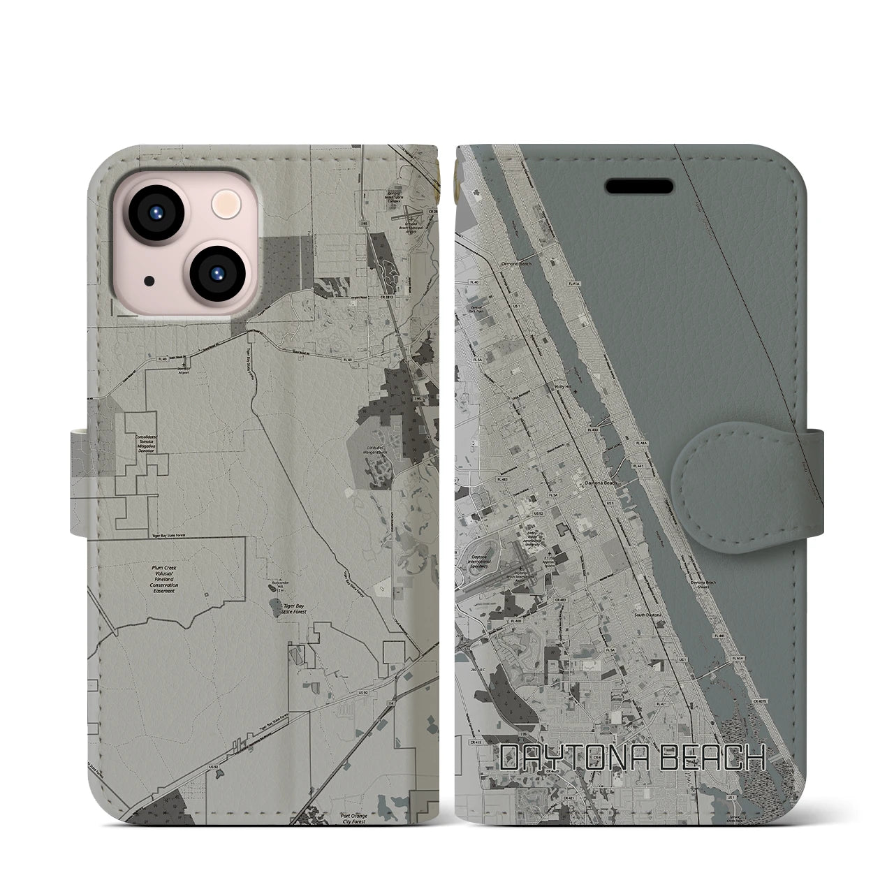 【デイトナビーチ(アメリカ)】地図柄iPhoneケース(手帳タイプ)モノトーン・iPhone 13 mini 用