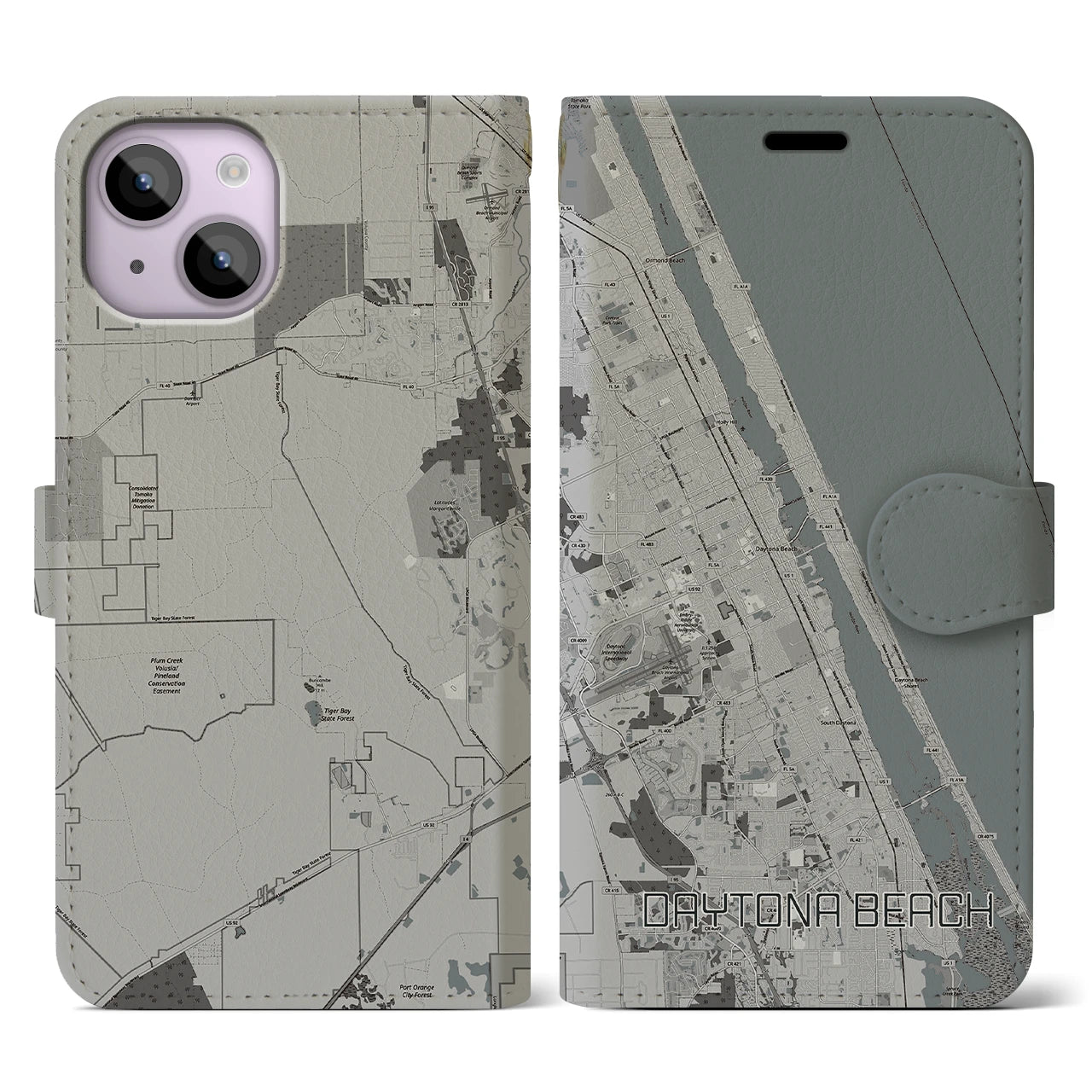 【デイトナビーチ(アメリカ)】地図柄iPhoneケース(手帳タイプ)モノトーン・iPhone 14 用