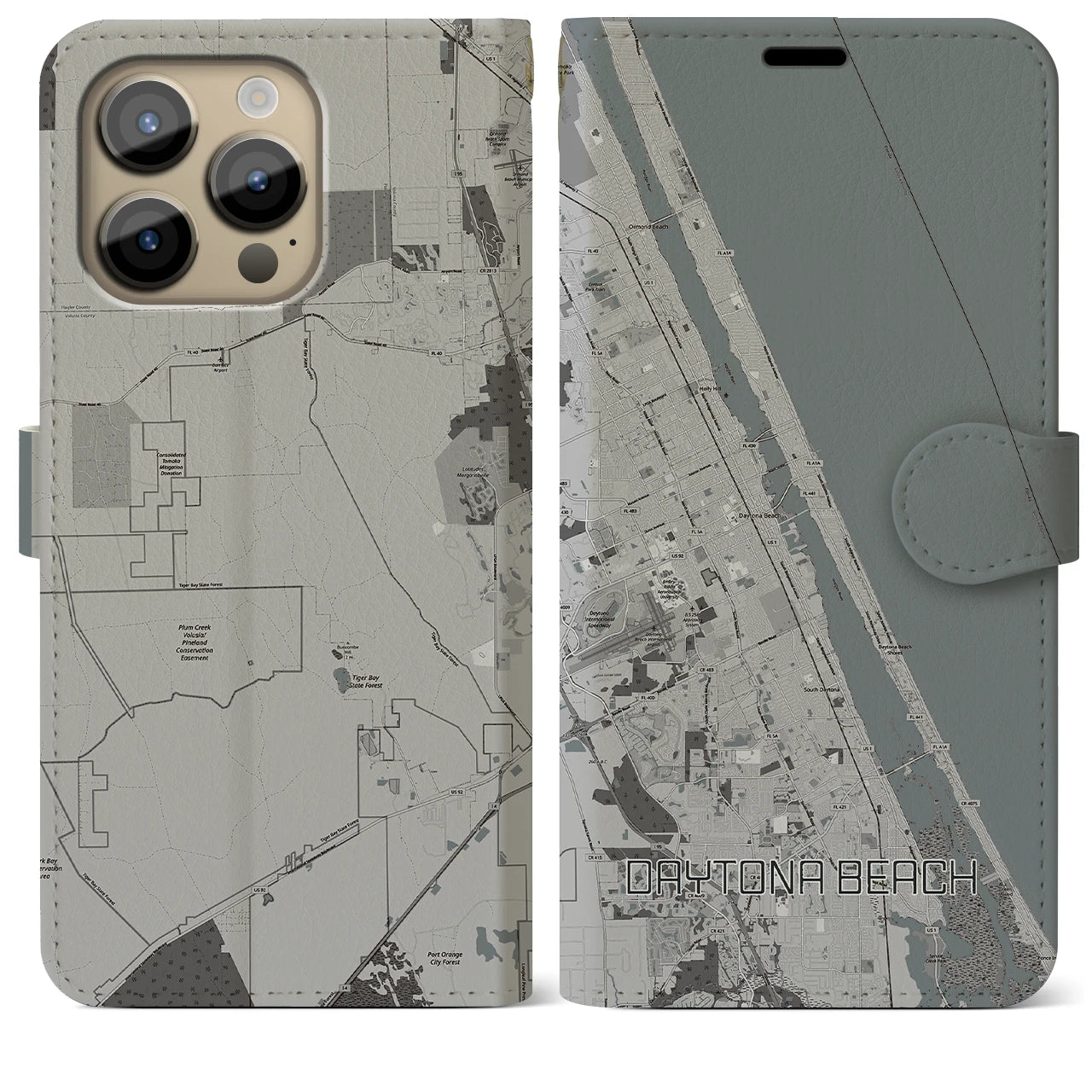 【デイトナビーチ(アメリカ)】地図柄iPhoneケース(手帳タイプ)モノトーン・iPhone 14 Pro Max 用