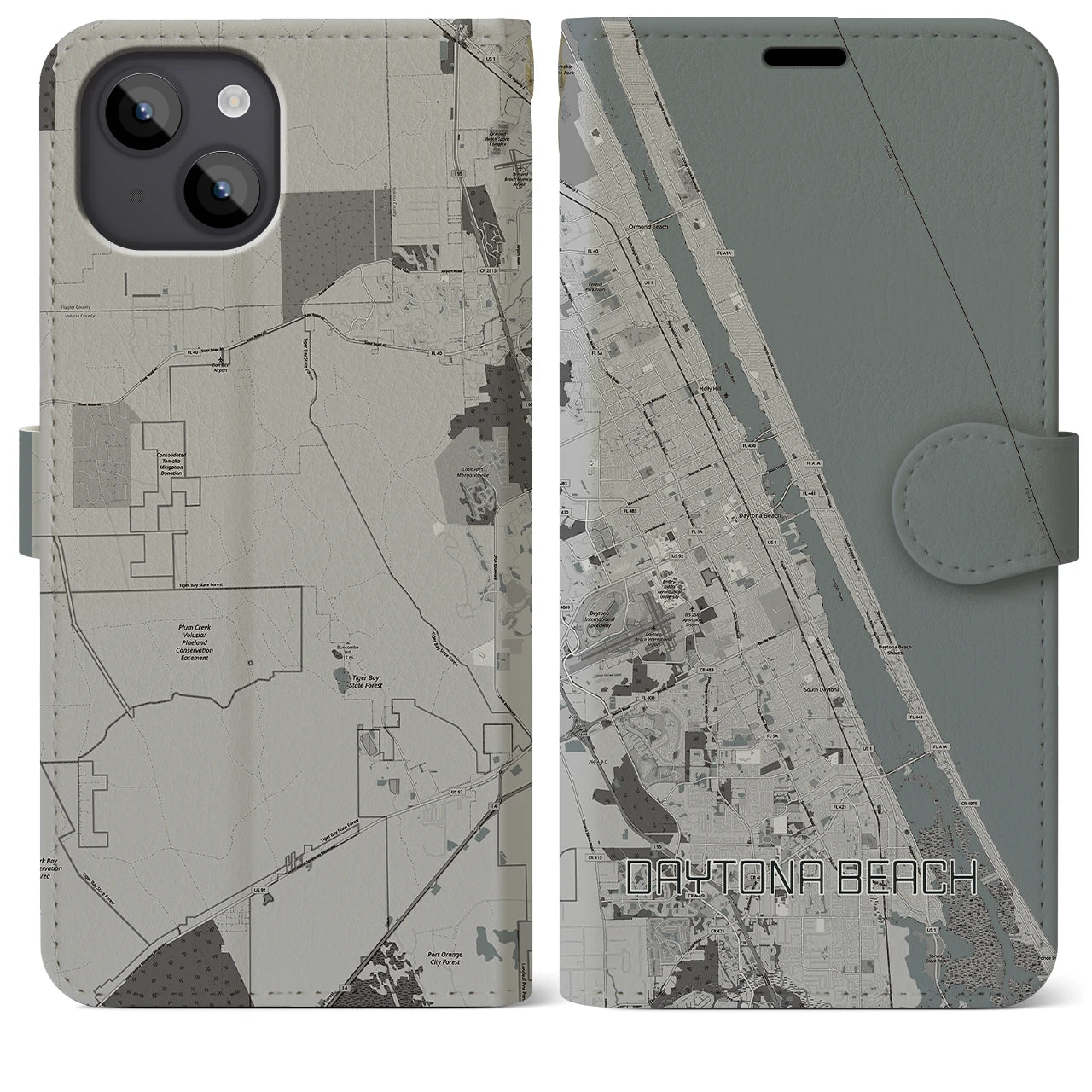 【デイトナビーチ(アメリカ)】地図柄iPhoneケース(手帳タイプ)モノトーン・iPhone 14 Plus 用