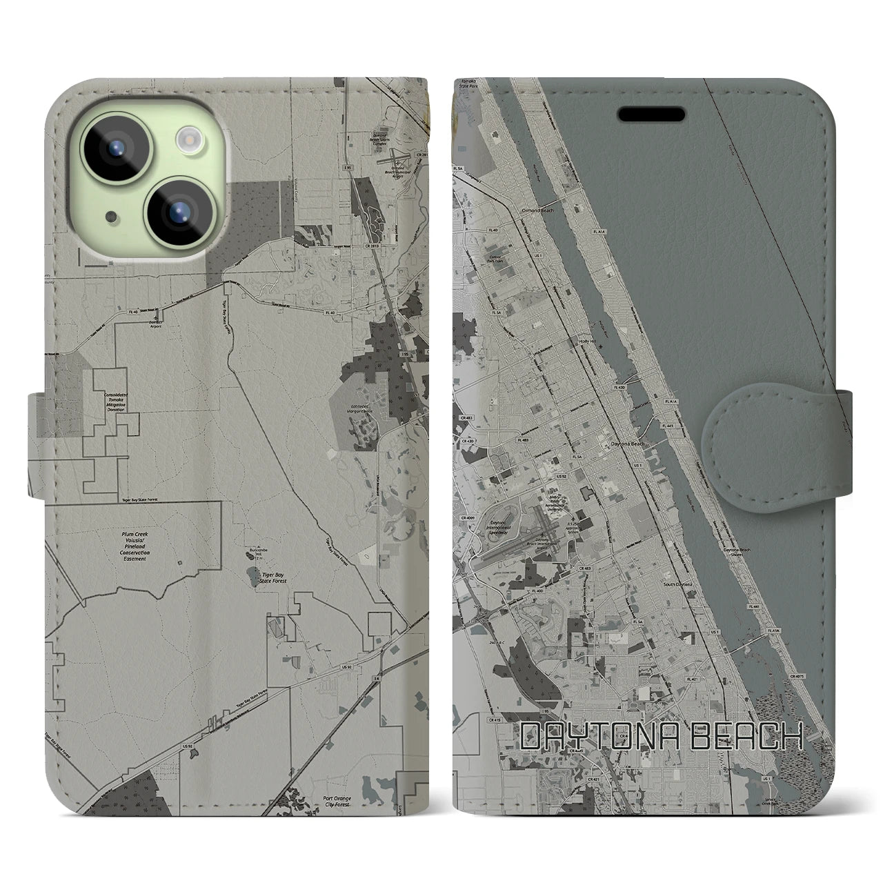 【デイトナビーチ(アメリカ)】地図柄iPhoneケース(手帳タイプ)モノトーン・iPhone 15 用