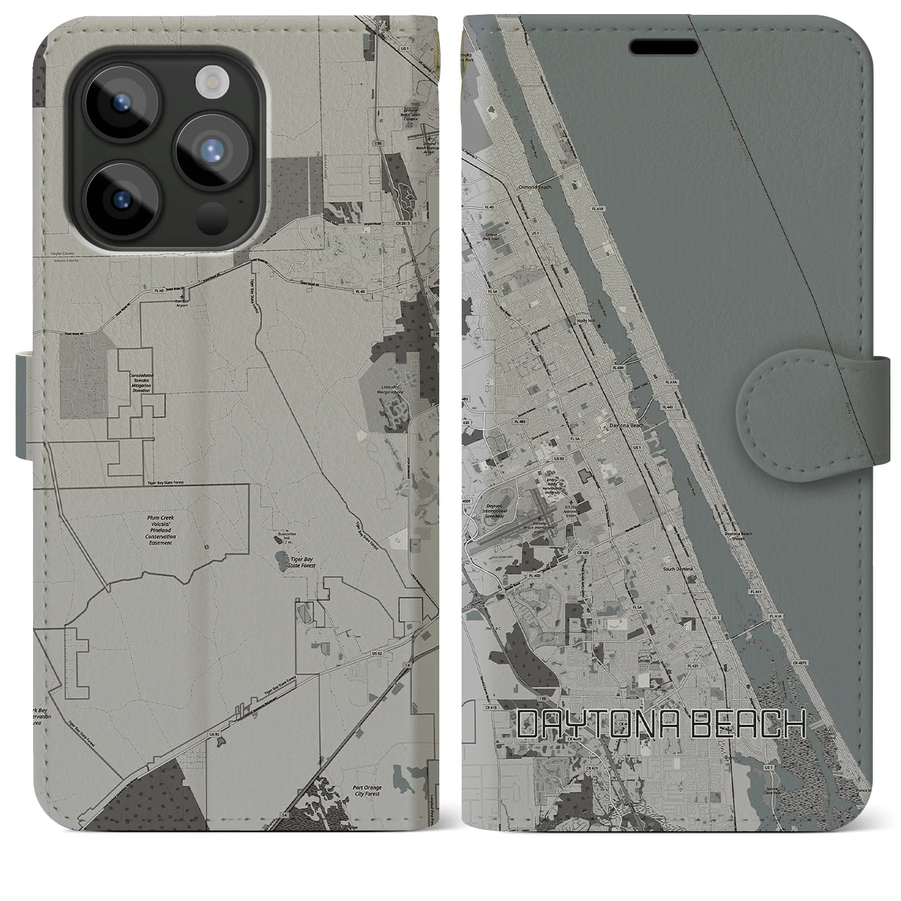 【デイトナビーチ(アメリカ)】地図柄iPhoneケース(手帳タイプ)モノトーン・iPhone 15 Pro Max 用
