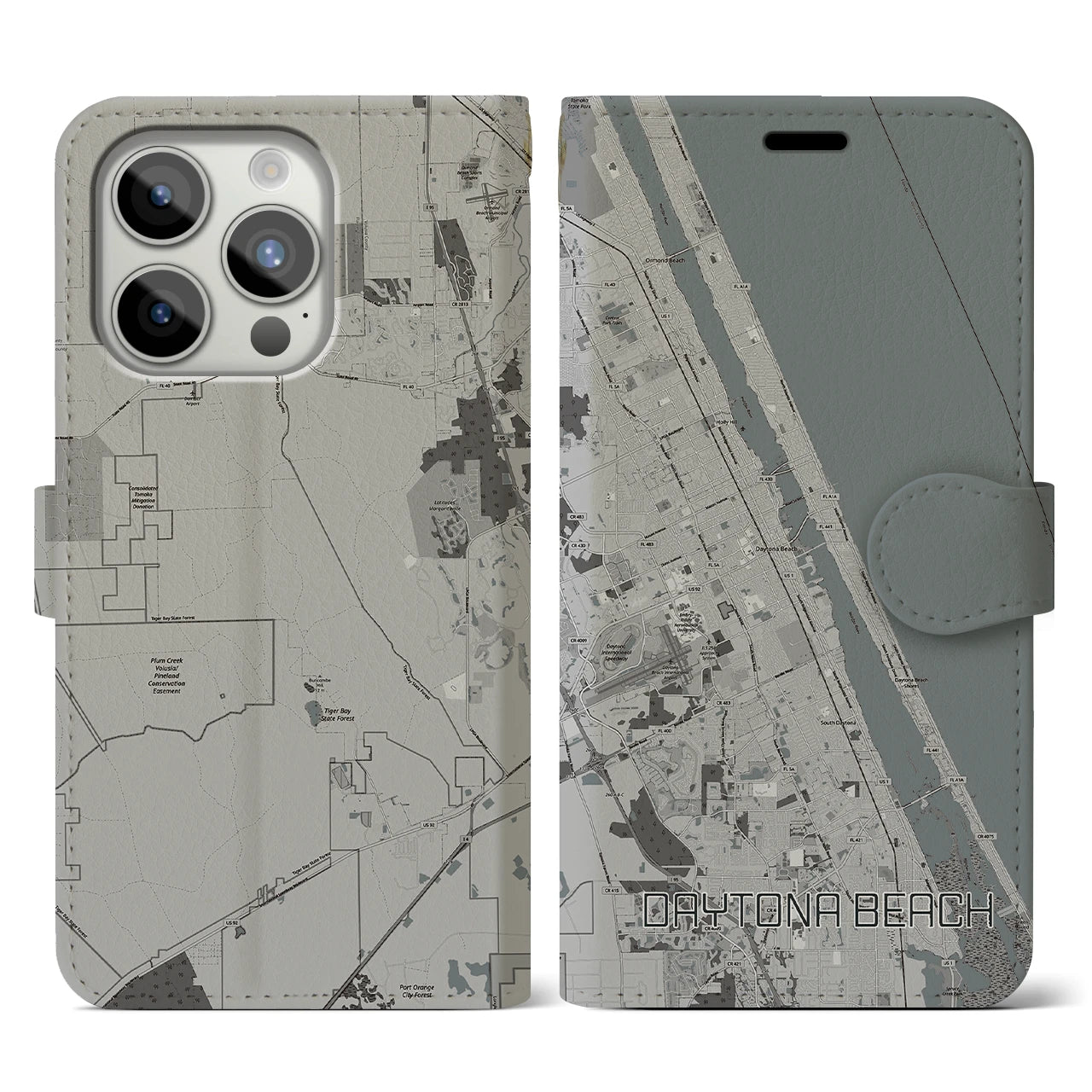 【デイトナビーチ(アメリカ)】地図柄iPhoneケース(手帳タイプ)モノトーン・iPhone 15 Pro 用
