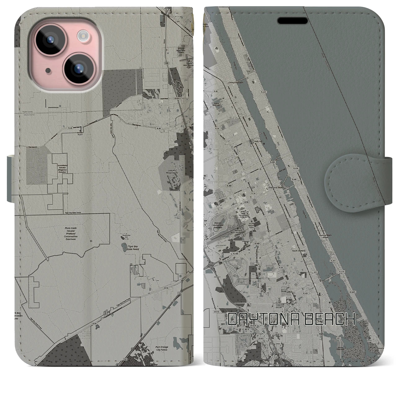 【デイトナビーチ(アメリカ)】地図柄iPhoneケース(手帳タイプ)モノトーン・iPhone 15 Plus 用