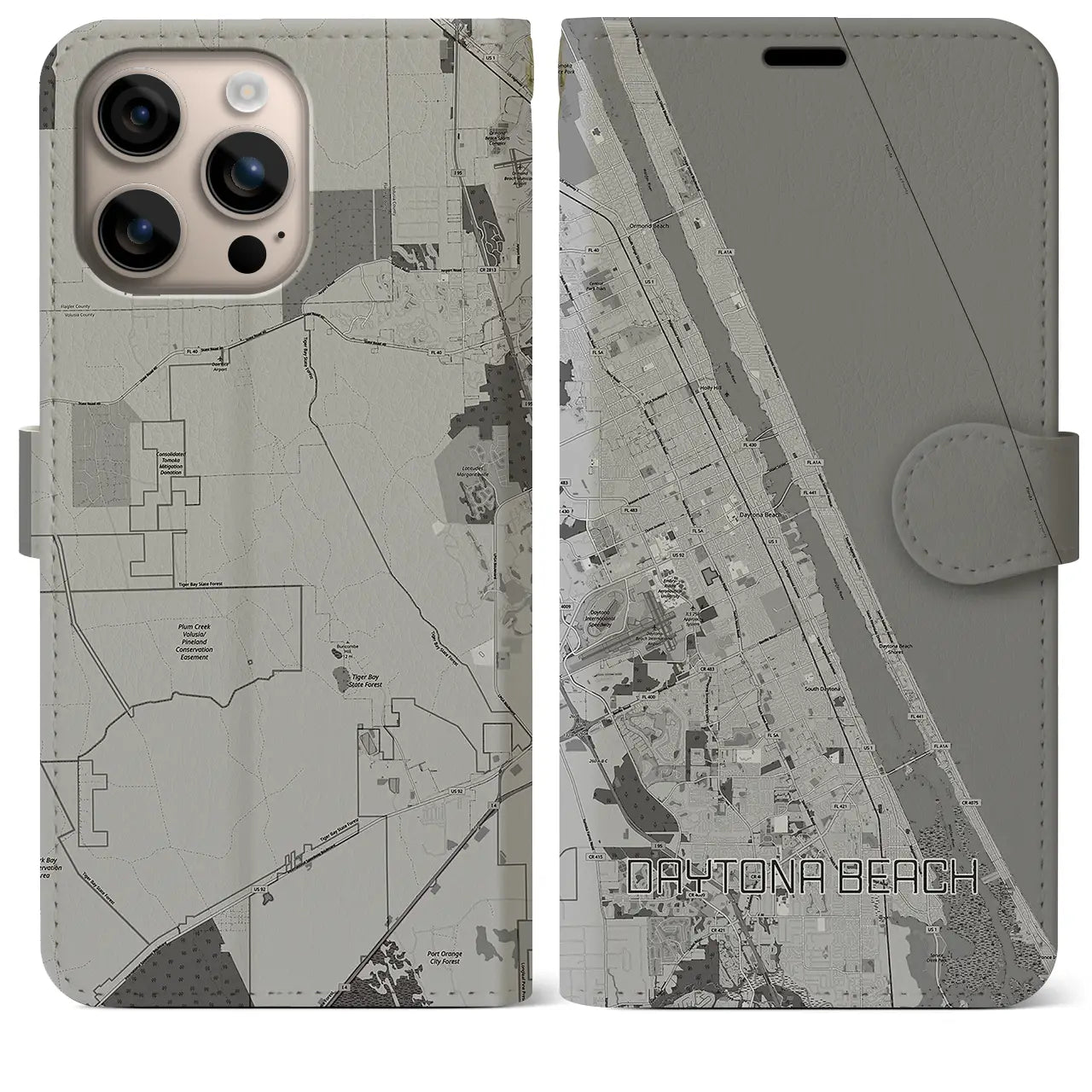 【デイトナビーチ(アメリカ)】地図柄iPhoneケース(手帳タイプ)モノトーン・iPhone 16 Plus 用