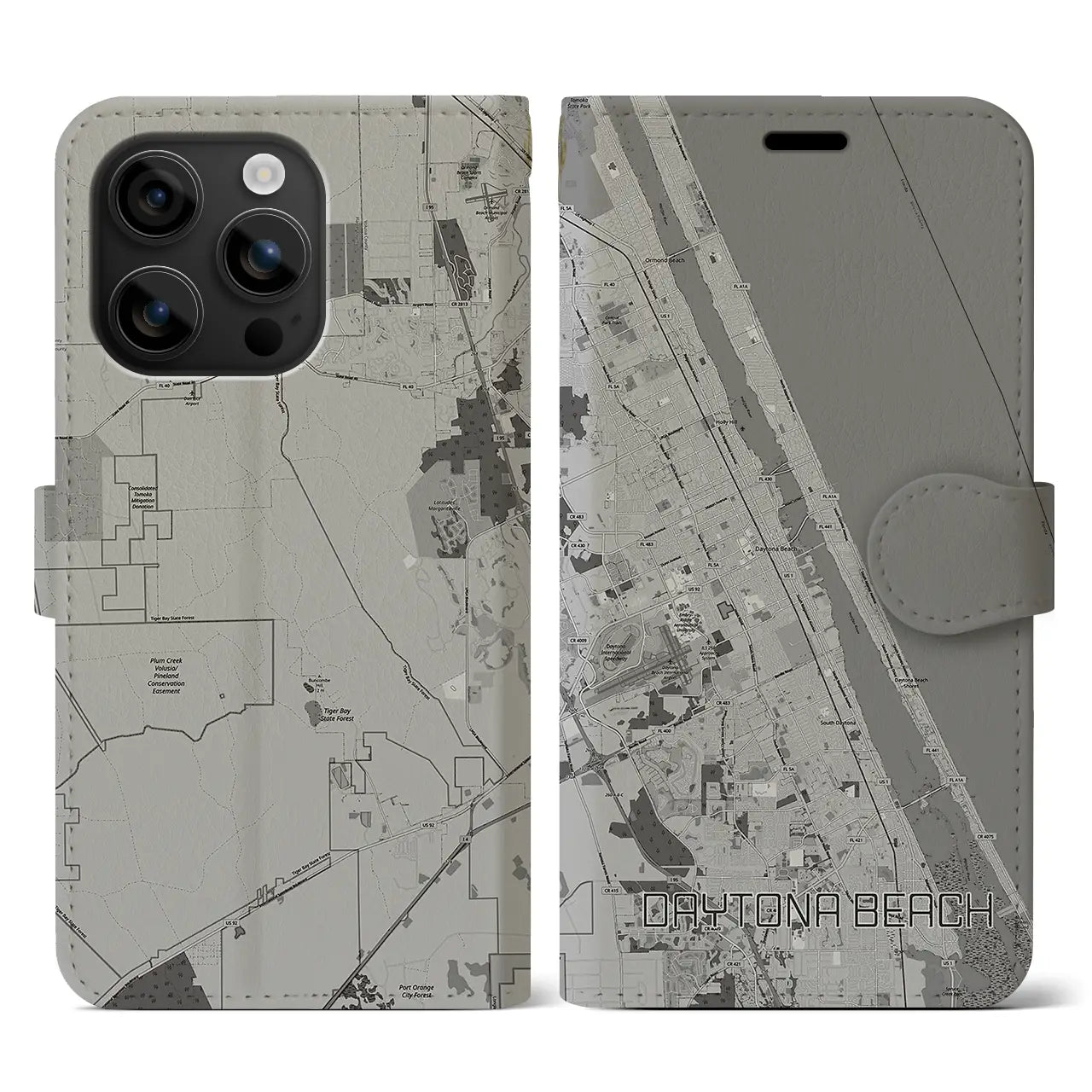 【デイトナビーチ(アメリカ)】地図柄iPhoneケース(手帳タイプ)モノトーン・iPhone 16 用