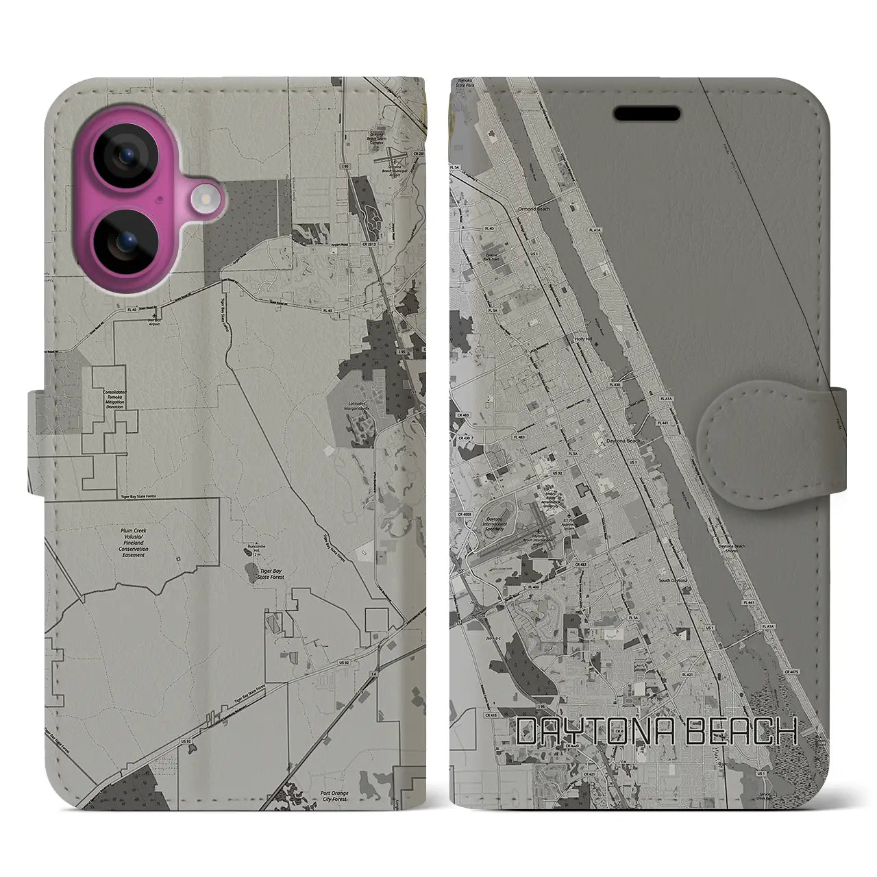 【デイトナビーチ(アメリカ)】地図柄iPhoneケース(手帳タイプ)モノトーン・iPhone 16 Pro 用