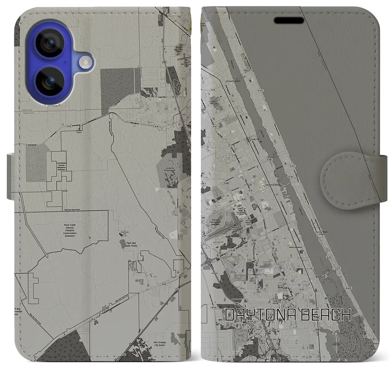 【デイトナビーチ(アメリカ)】地図柄iPhoneケース(手帳タイプ)モノトーン・iPhone 16 Pro Max 用