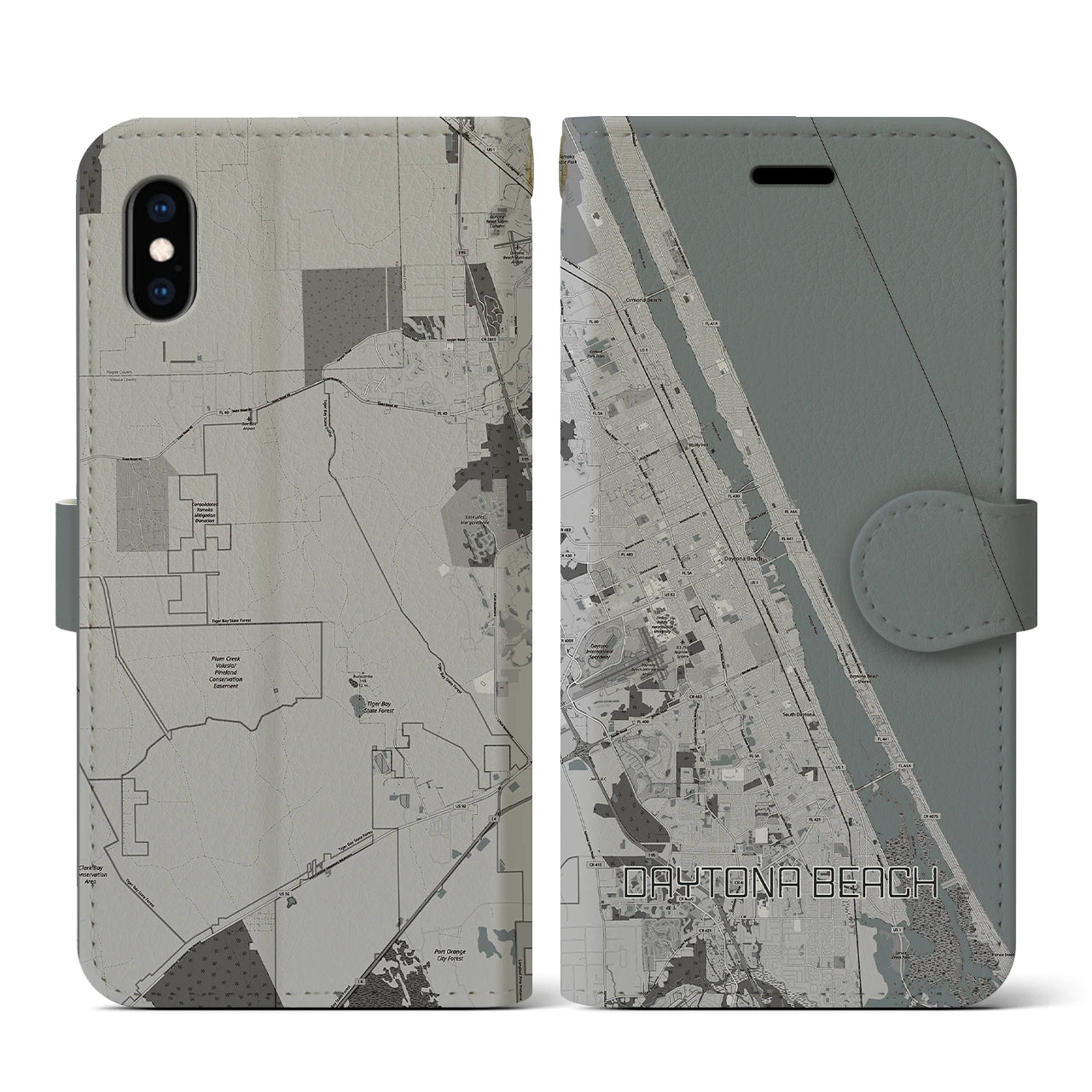【デイトナビーチ(アメリカ)】地図柄iPhoneケース(手帳タイプ)モノトーン・iPhone XS / X 用