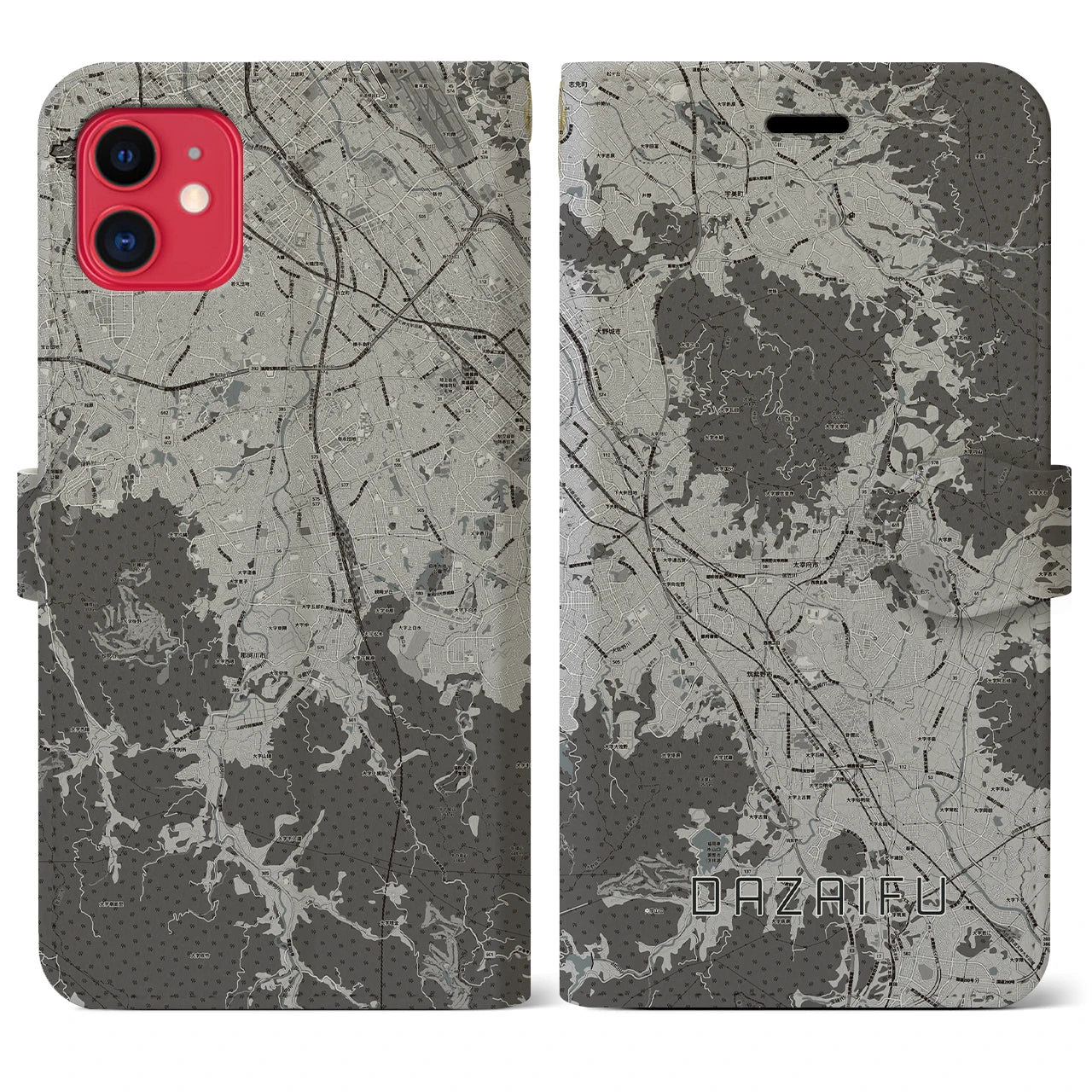 【太宰府(福岡県)】地図柄iPhoneケース(手帳タイプ)モノトーン・iPhone 11 用
