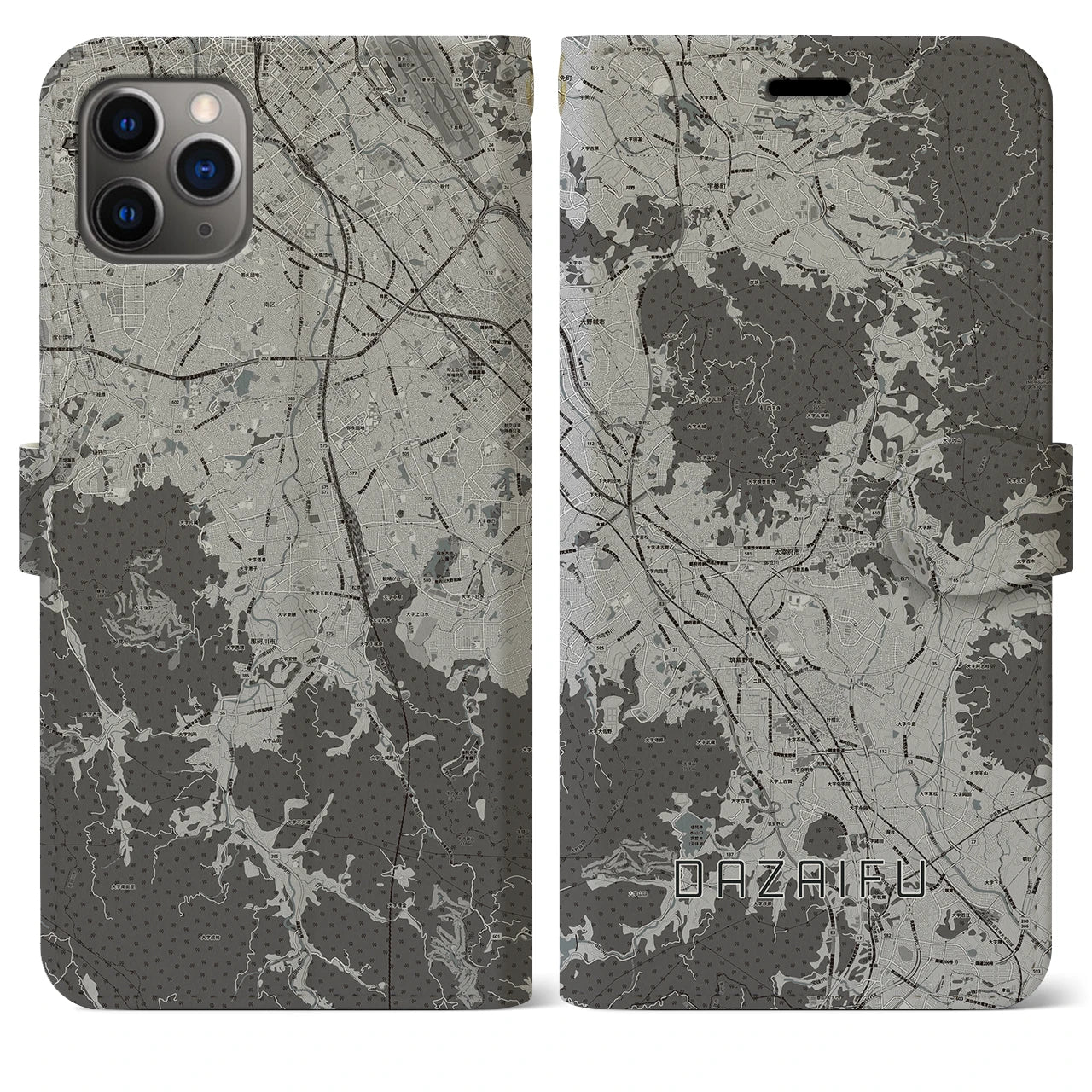 【太宰府(福岡県)】地図柄iPhoneケース(手帳タイプ)モノトーン・iPhone 11 Pro Max 用