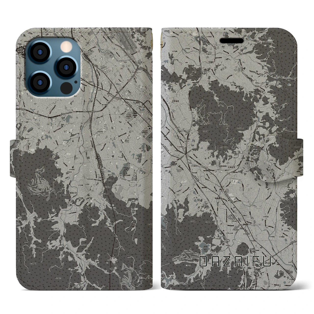【太宰府(福岡県)】地図柄iPhoneケース(手帳タイプ)モノトーン・iPhone 12 / 12 Pro 用