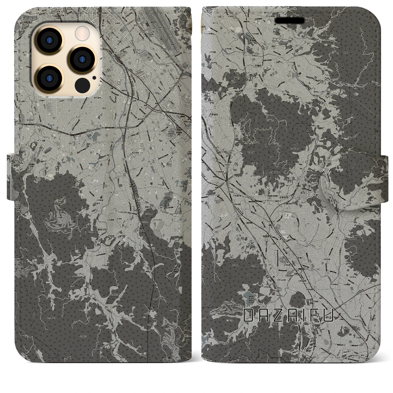 【太宰府(福岡県)】地図柄iPhoneケース(手帳タイプ)モノトーン・iPhone 12 Pro Max 用