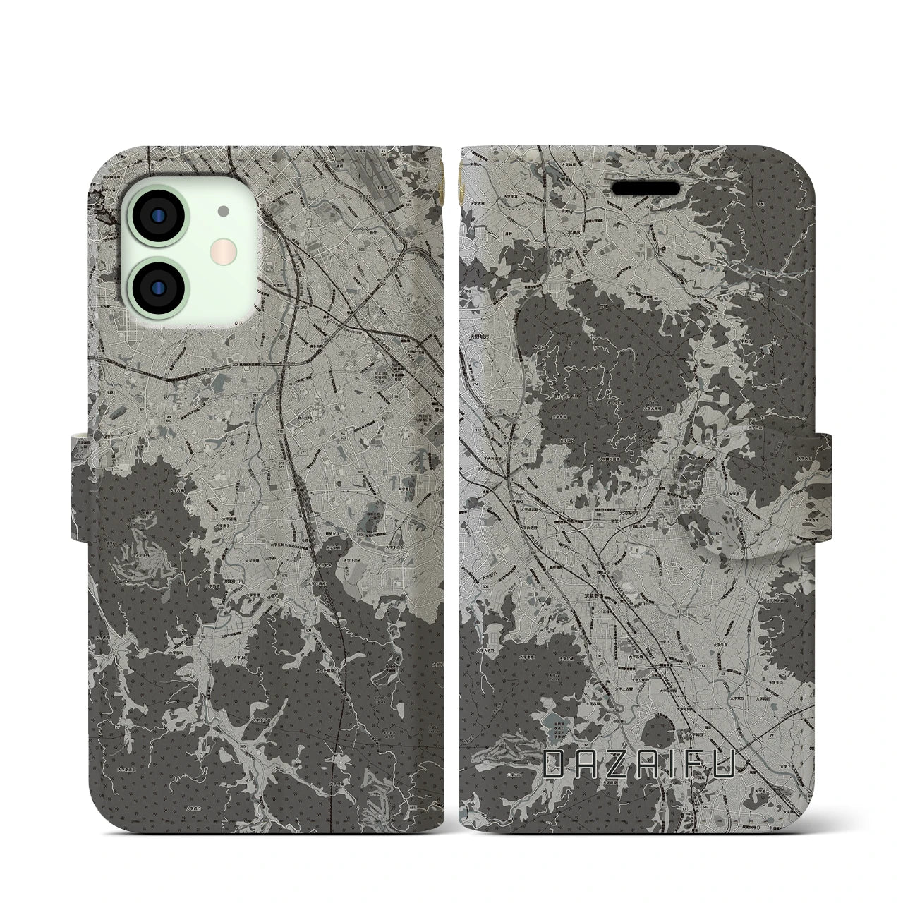 【太宰府(福岡県)】地図柄iPhoneケース(手帳タイプ)モノトーン・iPhone 12 mini 用
