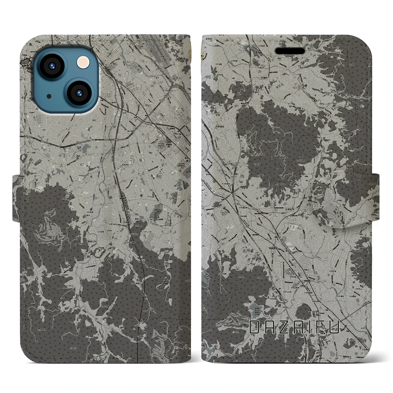 【太宰府(福岡県)】地図柄iPhoneケース(手帳タイプ)モノトーン・iPhone 13 用
