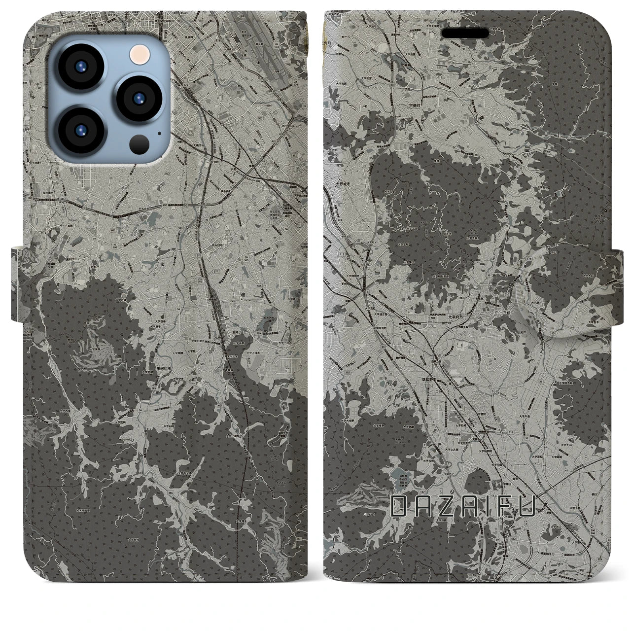 【太宰府(福岡県)】地図柄iPhoneケース(手帳タイプ)モノトーン・iPhone 13 Pro Max 用