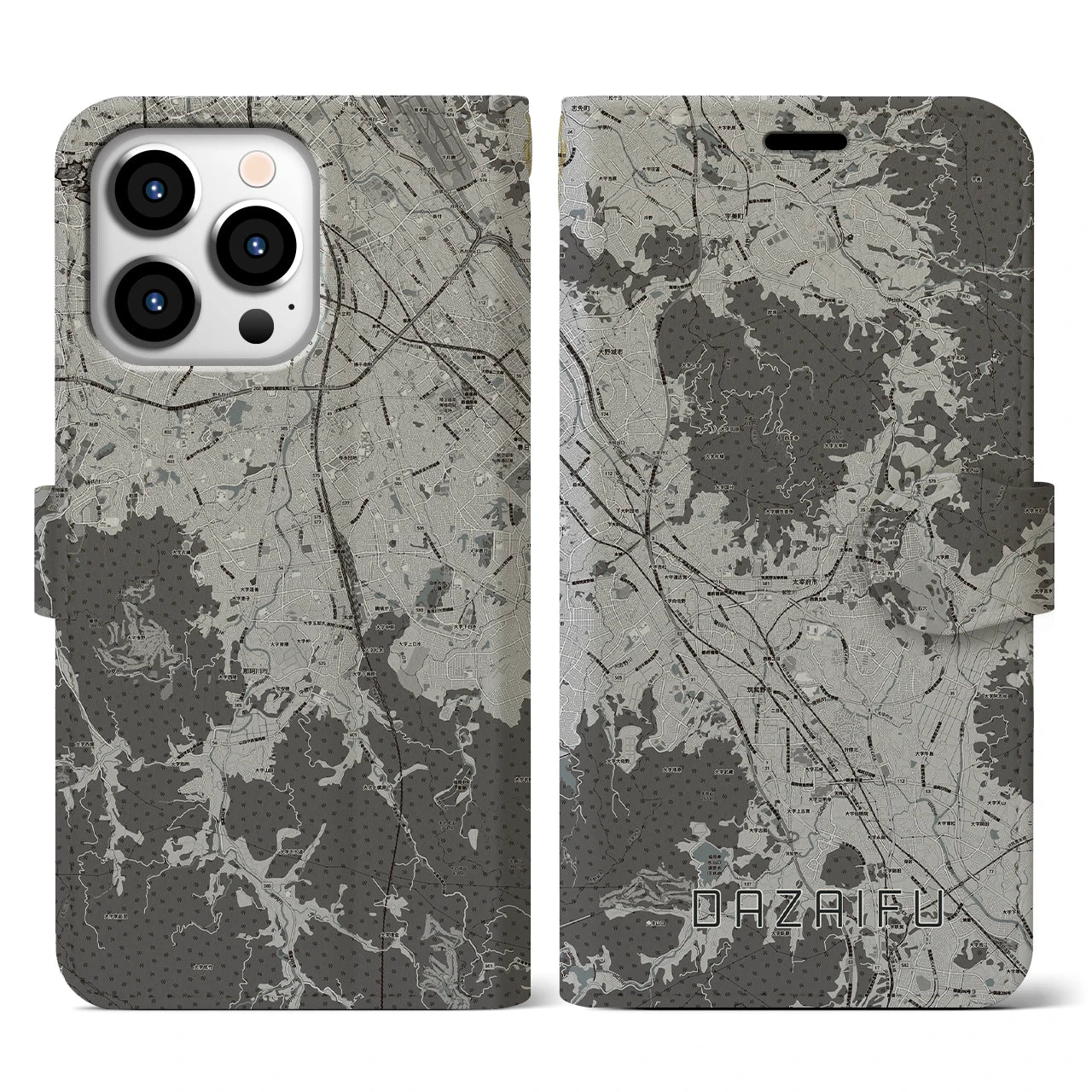 【太宰府(福岡県)】地図柄iPhoneケース(手帳タイプ)モノトーン・iPhone 13 Pro 用