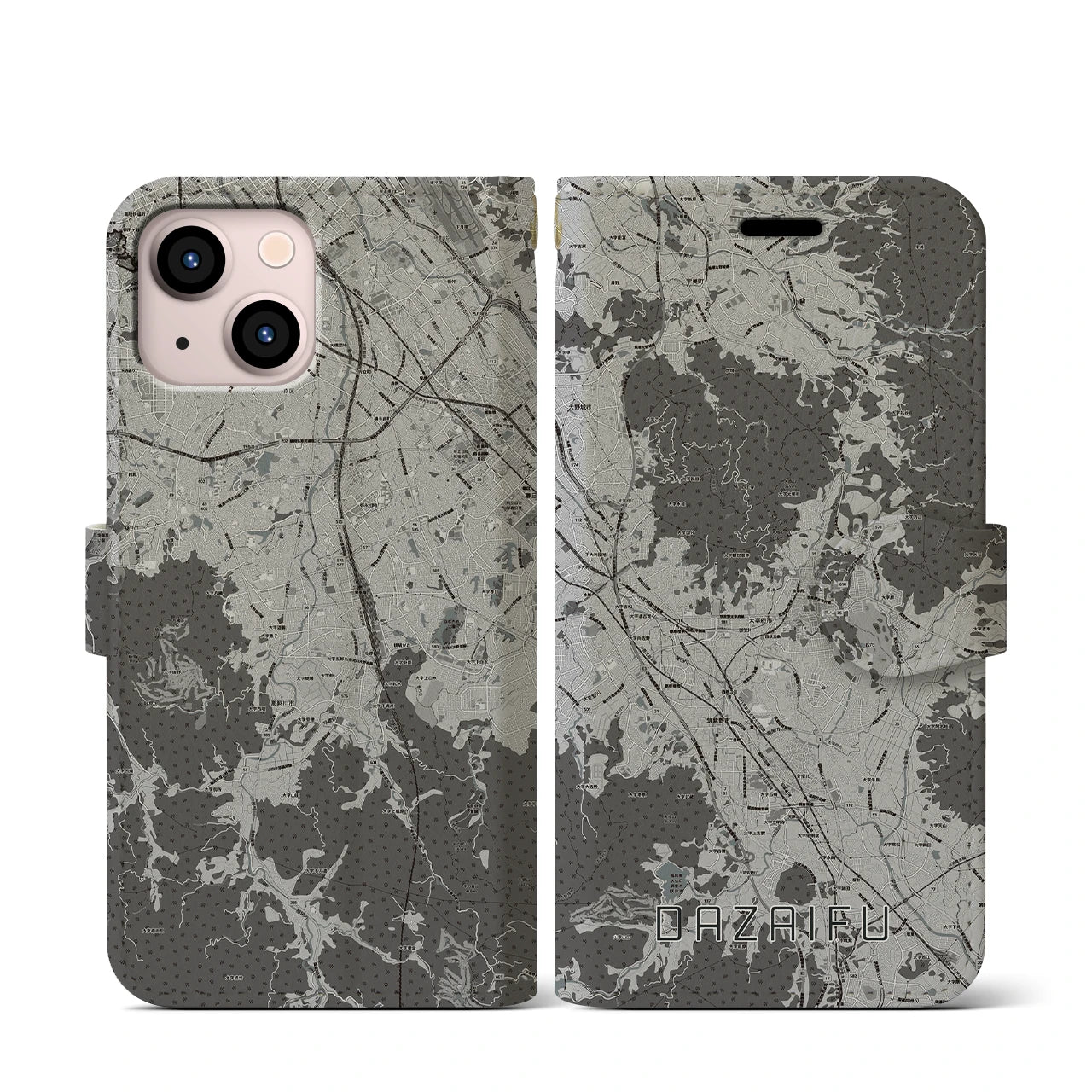 【太宰府(福岡県)】地図柄iPhoneケース(手帳タイプ)モノトーン・iPhone 13 mini 用