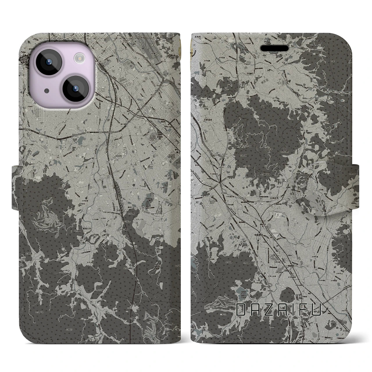 【太宰府(福岡県)】地図柄iPhoneケース(手帳タイプ)モノトーン・iPhone 14 用