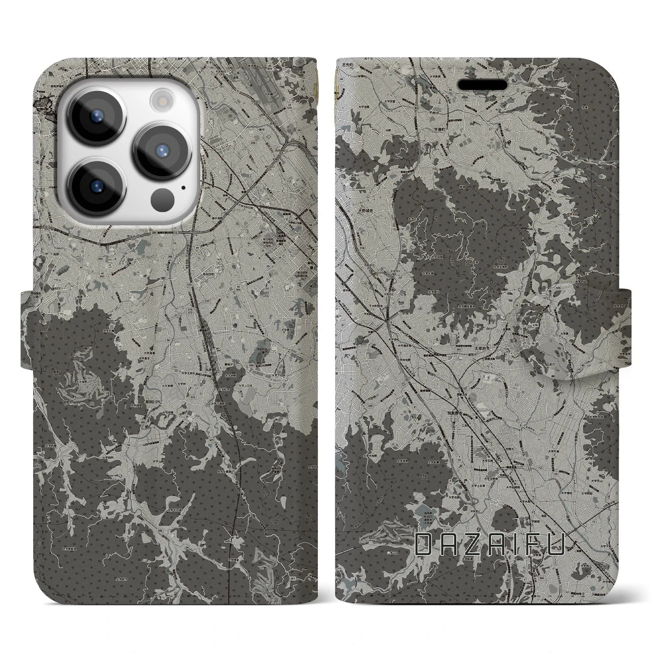 【太宰府(福岡県)】地図柄iPhoneケース(手帳タイプ)モノトーン・iPhone 14 Pro 用