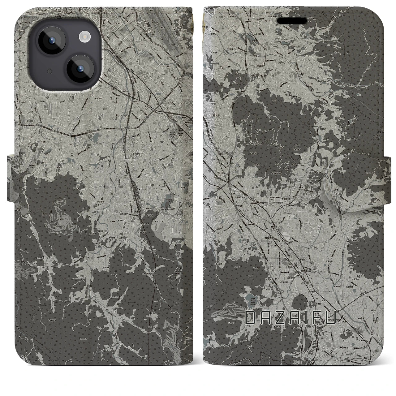 【太宰府(福岡県)】地図柄iPhoneケース(手帳タイプ)モノトーン・iPhone 14 Plus 用