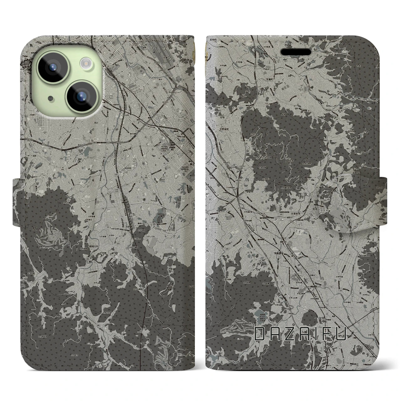 【太宰府(福岡県)】地図柄iPhoneケース(手帳タイプ)モノトーン・iPhone 15 用