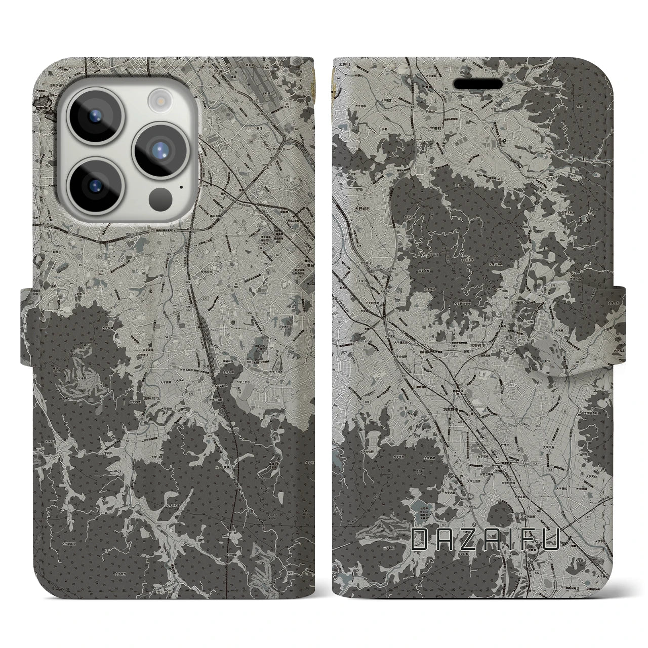 【太宰府(福岡県)】地図柄iPhoneケース(手帳タイプ)モノトーン・iPhone 15 Pro 用