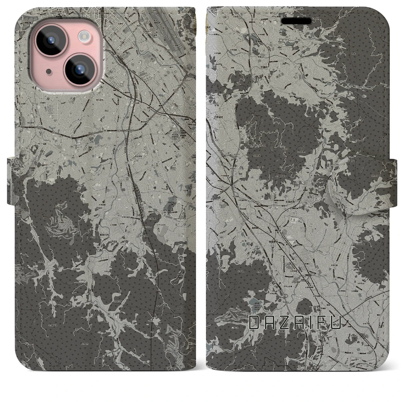 【太宰府(福岡県)】地図柄iPhoneケース(手帳タイプ)モノトーン・iPhone 15 Plus 用