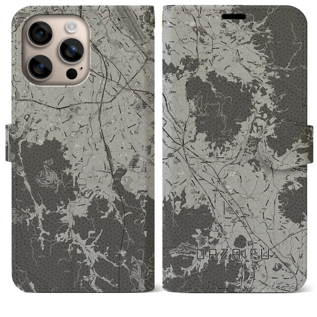 【太宰府(福岡県)】地図柄iPhoneケース(手帳タイプ)モノトーン・iPhone 16 Plus 用