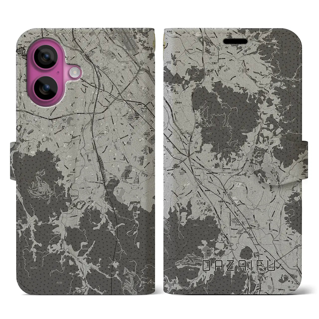 【太宰府(福岡県)】地図柄iPhoneケース(手帳タイプ)モノトーン・iPhone 16 Pro 用