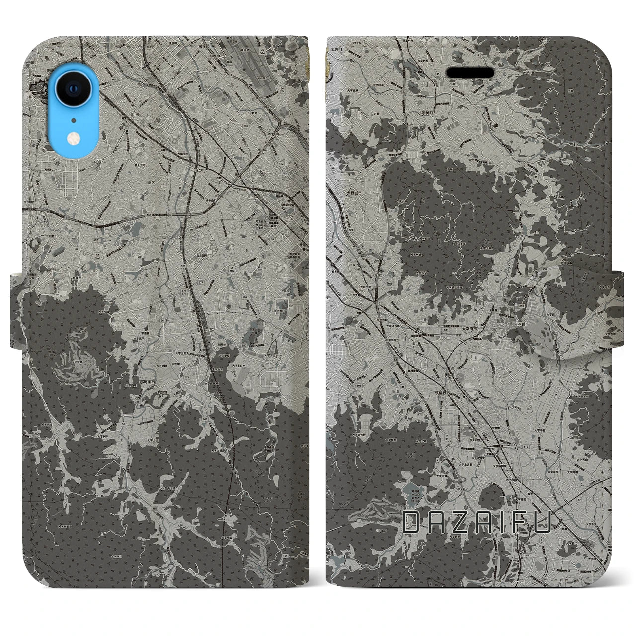 【太宰府(福岡県)】地図柄iPhoneケース(手帳タイプ)モノトーン・iPhone XR 用