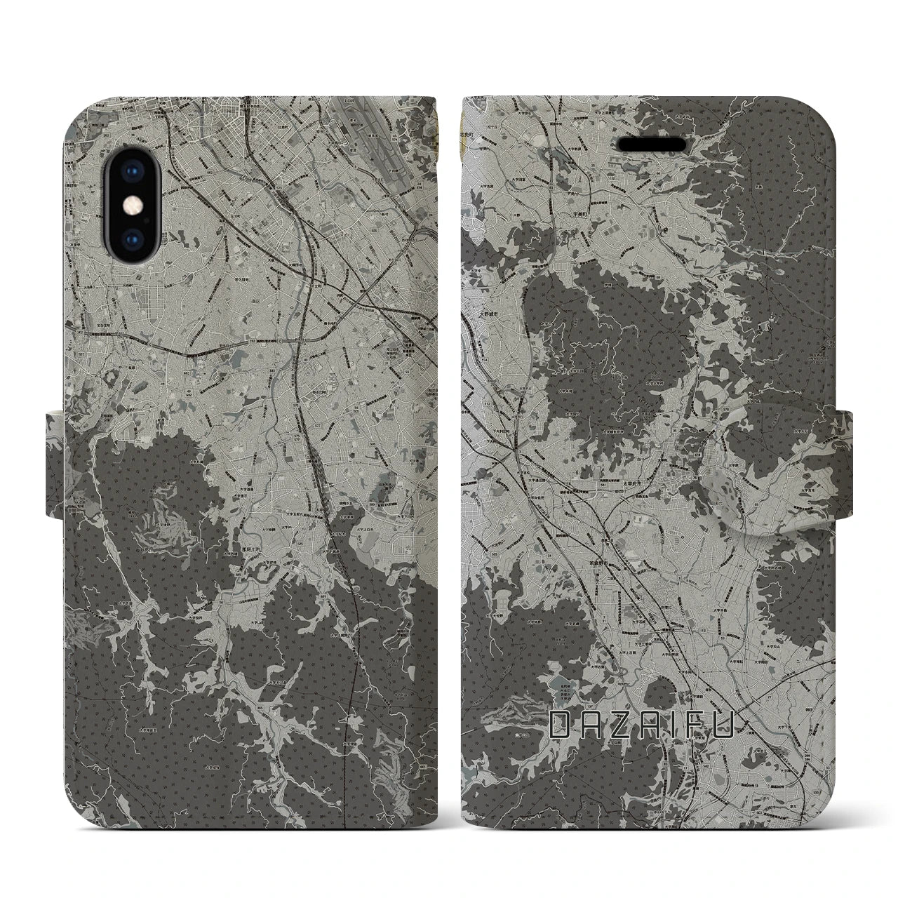 【太宰府(福岡県)】地図柄iPhoneケース(手帳タイプ)モノトーン・iPhone XS / X 用